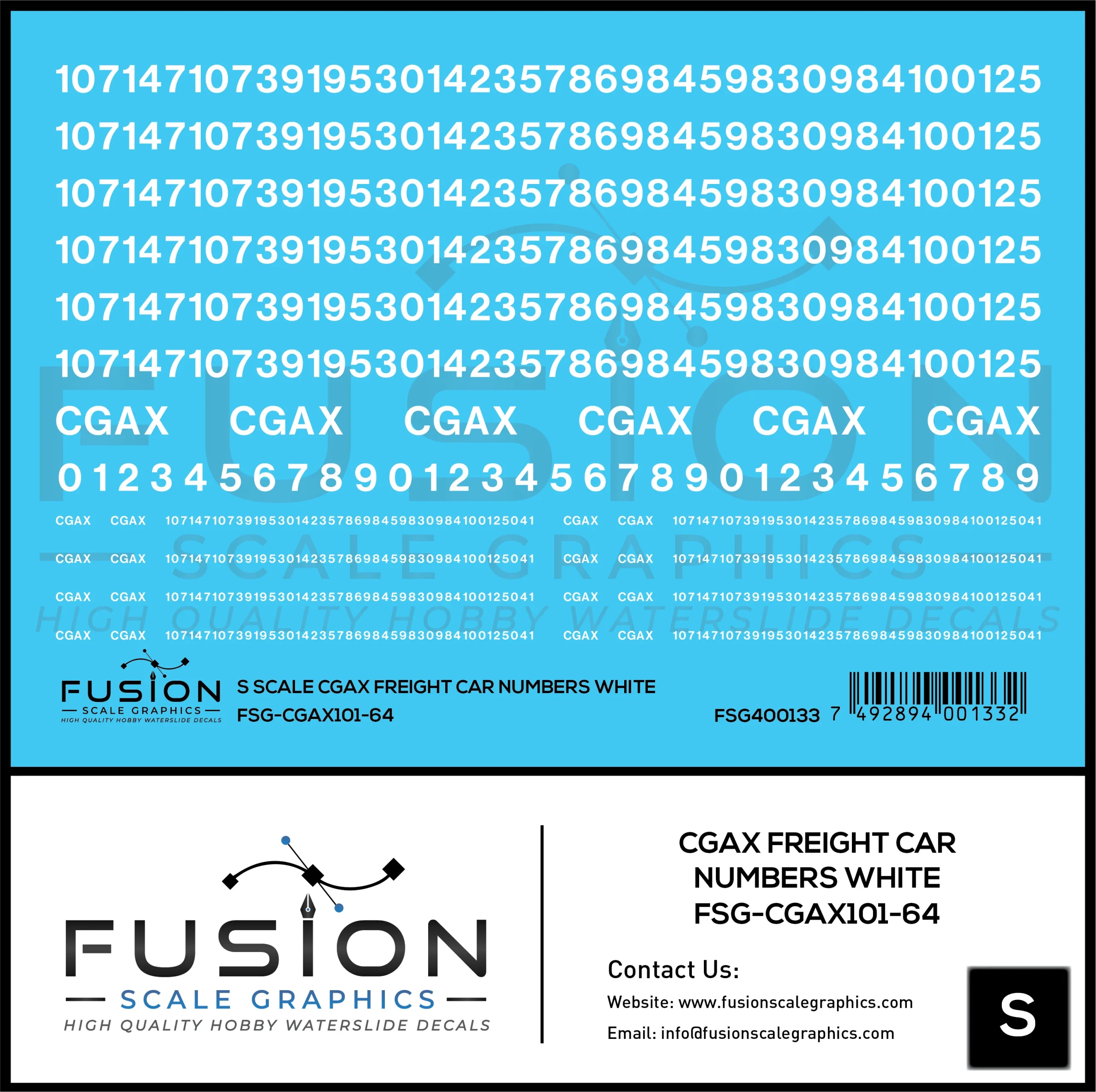 S Scale White CGAX Freight Car Numbering Decal Set - Fusion Scale Graphics