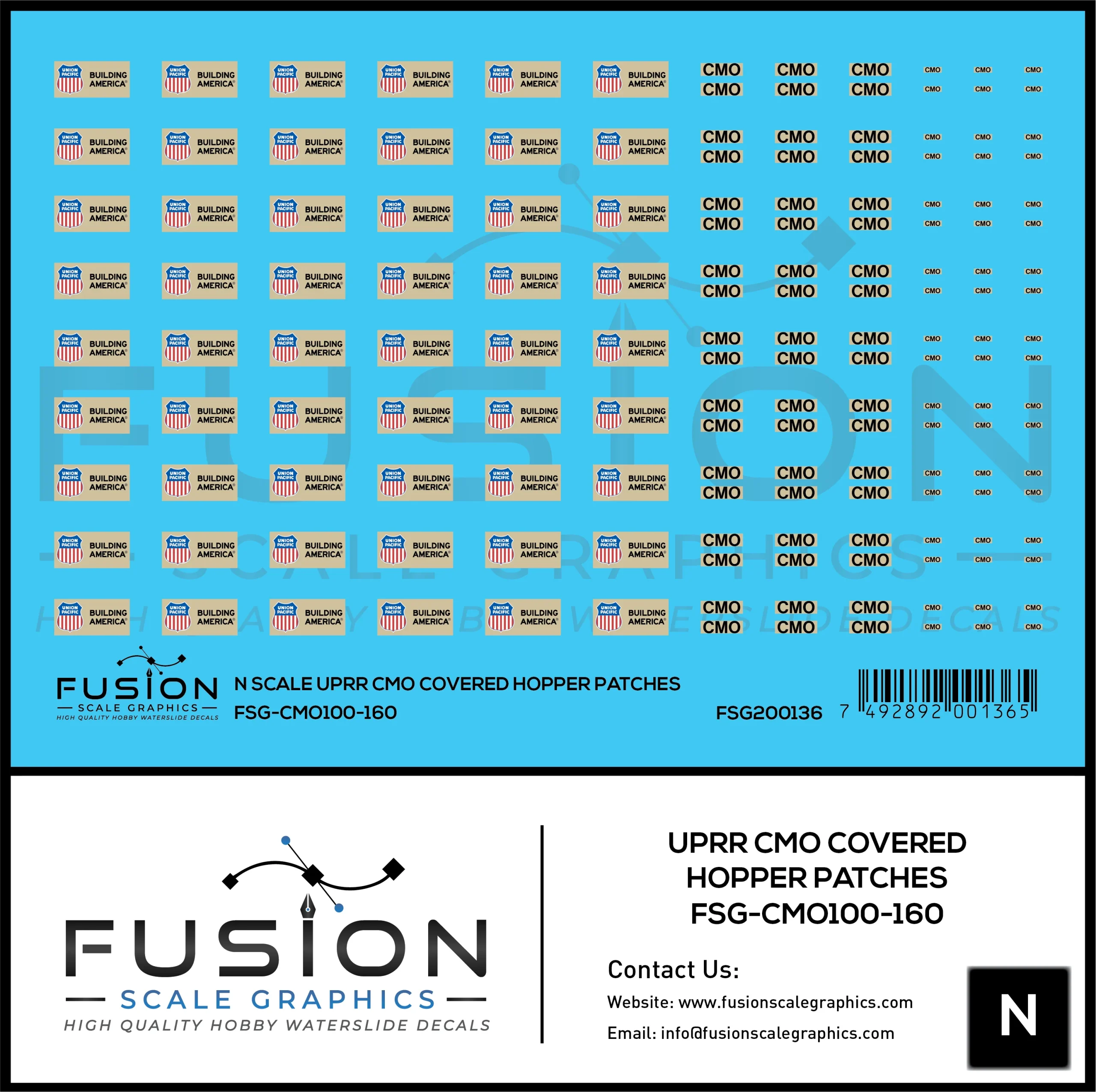N Scale UPRR CMO Covered Hopper Patches Decal Set - Fusion Scale Graphics