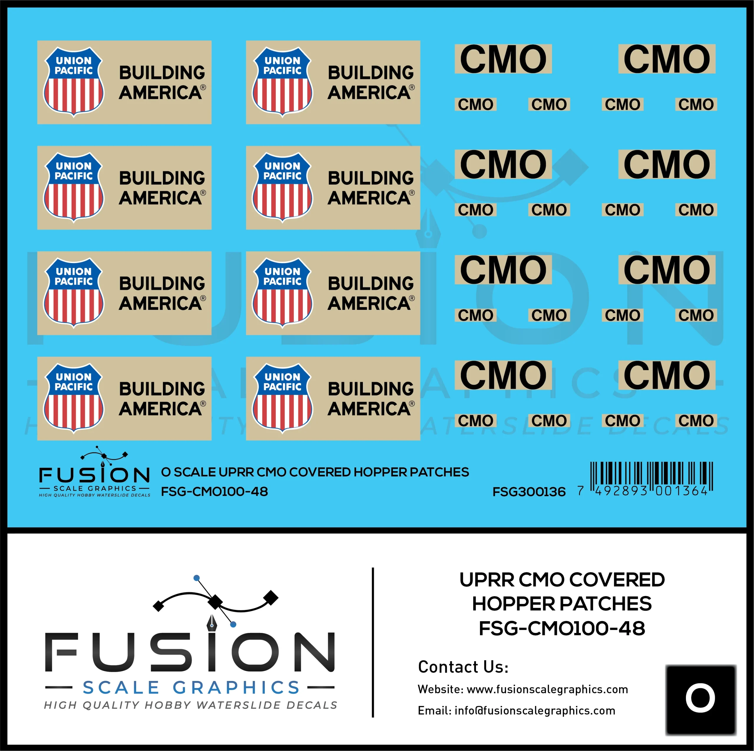 O Scale UPRR CMO Covered Hopper Patches Decal Set - Fusion Scale Graphics