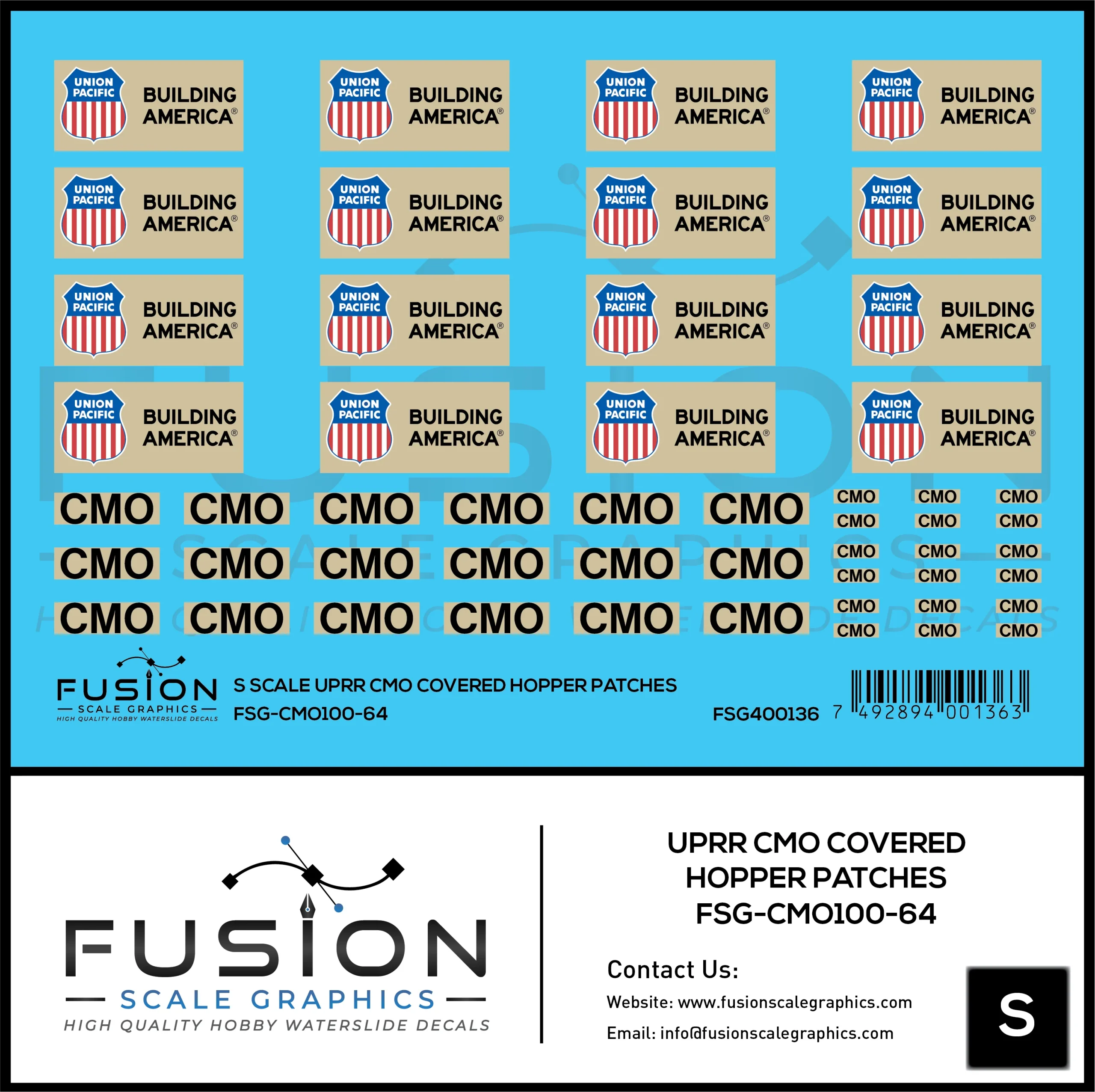 S Scale UPRR CMO Covered Hopper Patches Decal Set - Fusion Scale Graphics