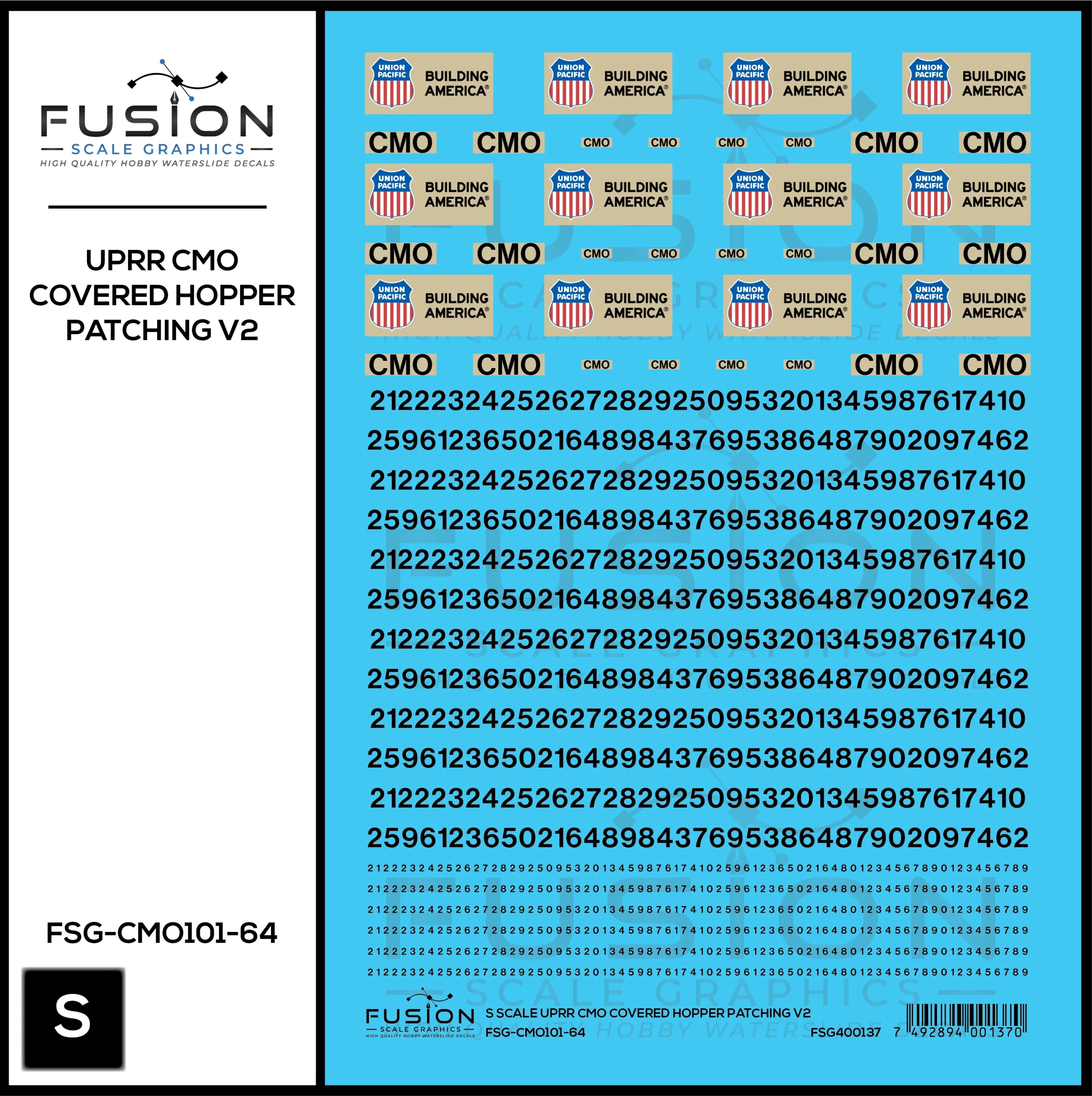 S Scale UPRR CMO Covered Hopper Patching V2 Decal Set - Fusion Scale Graphics