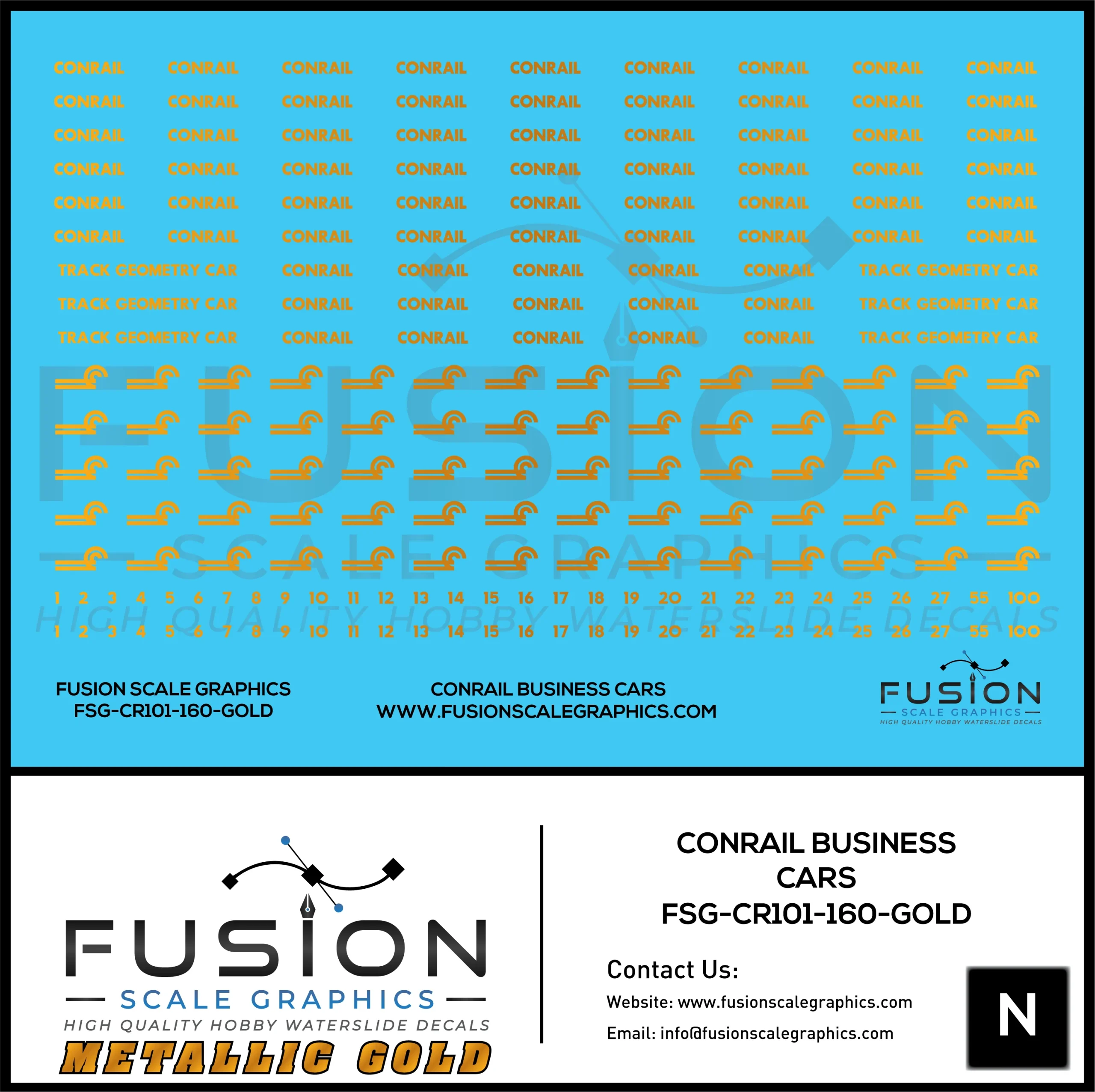 Metallic Gold N Scale Conrail Business Cars Decal Set - Fusion Scale Graphics