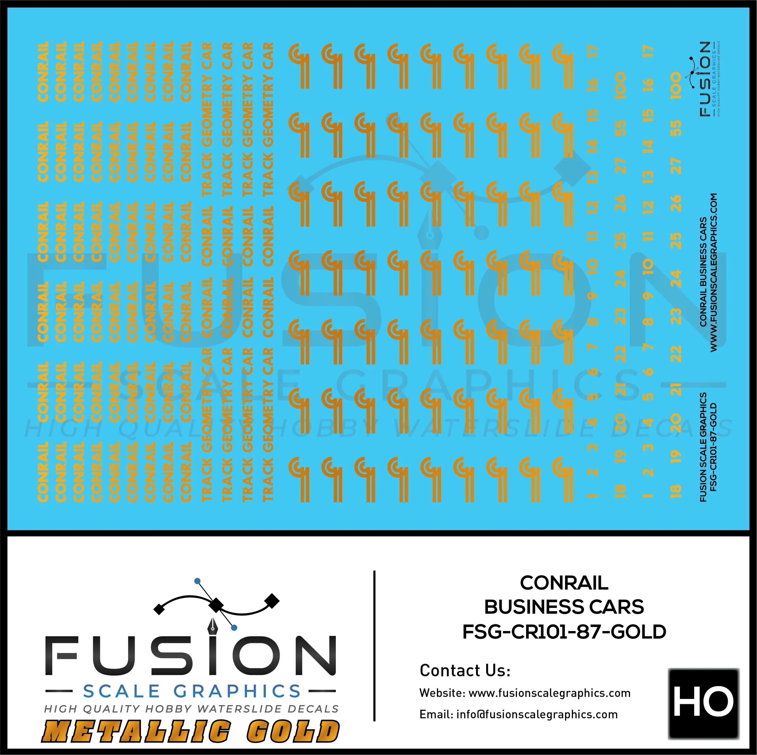 Metallic Gold HO Scale Conrail Business Cars Decal Set - Fusion Scale Graphics