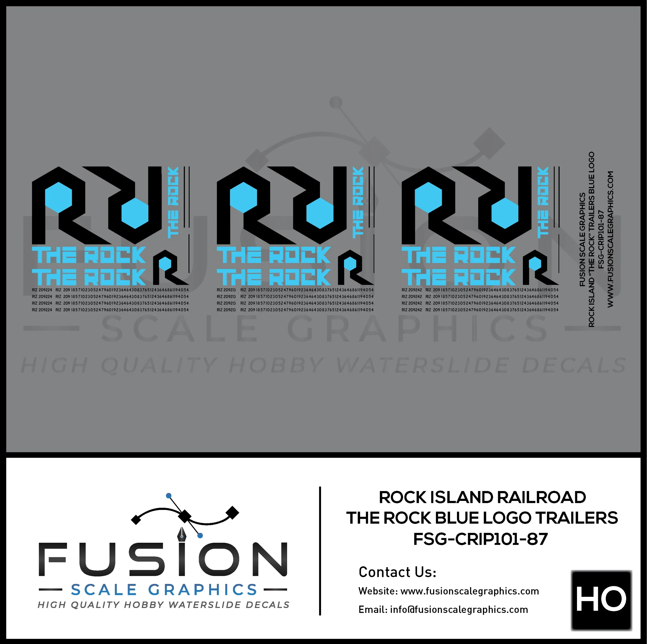 HO Scale Rock Island "The Rock" Trailers Blue Logo Decal Set - Fusion Scale Graphics