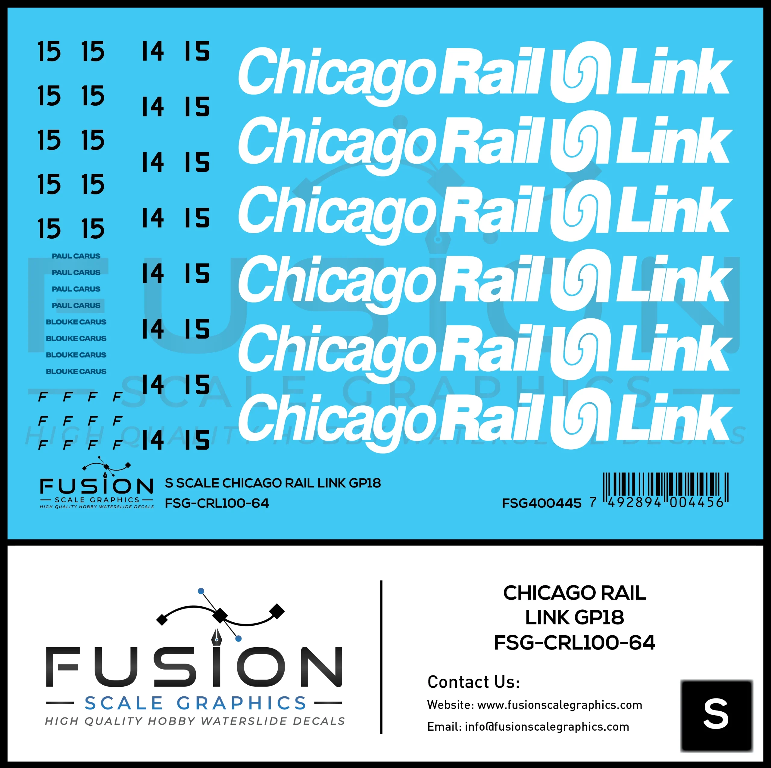 S Scale Chicago Rail Link EMD GP18 14 & 15 Locomotive Decal Set - Fusion Scale Graphics