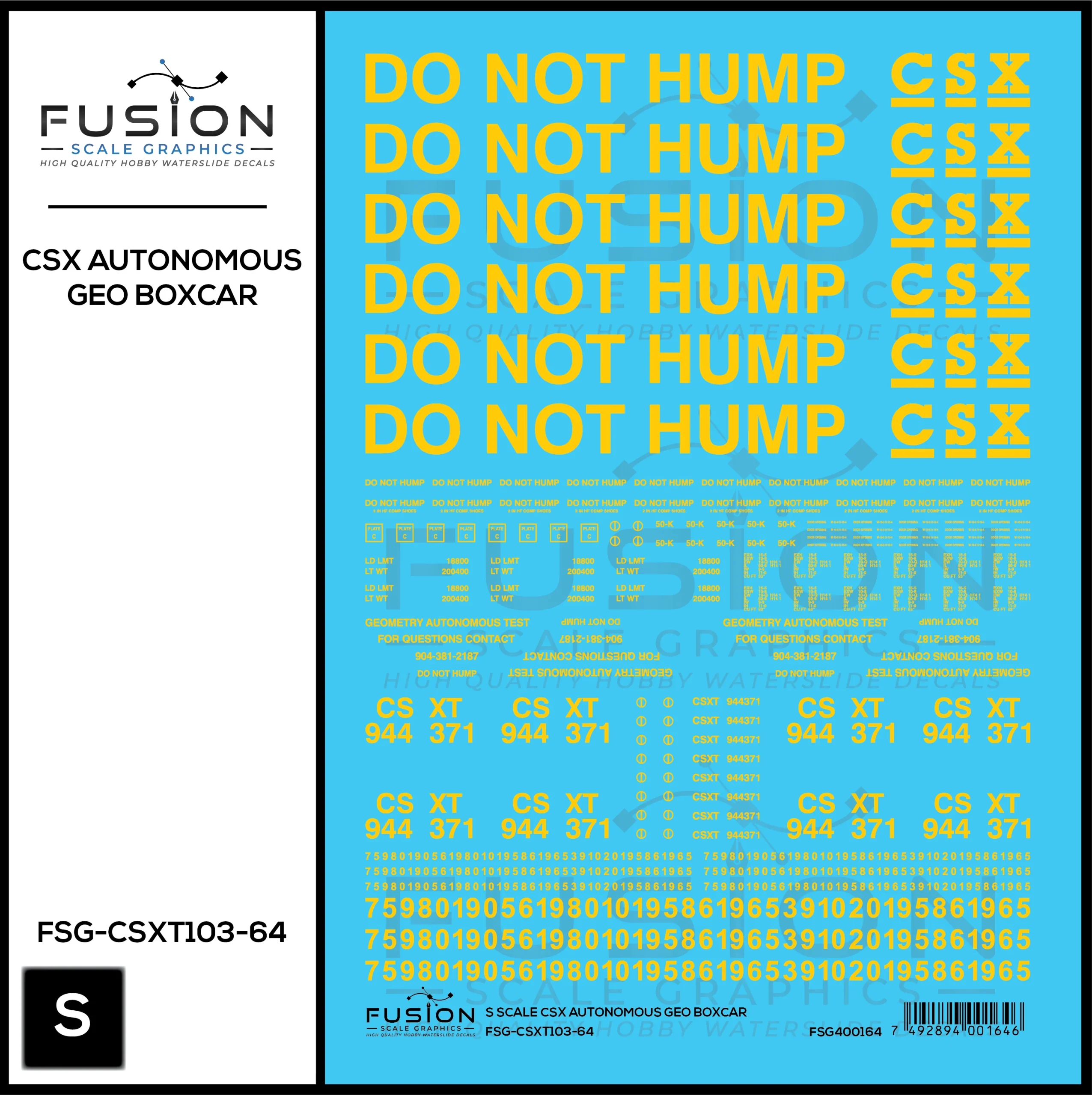 S Scale CSX Autonomous Geometry Test Car Boxcar Decal Set - Fusion Scale Graphics
