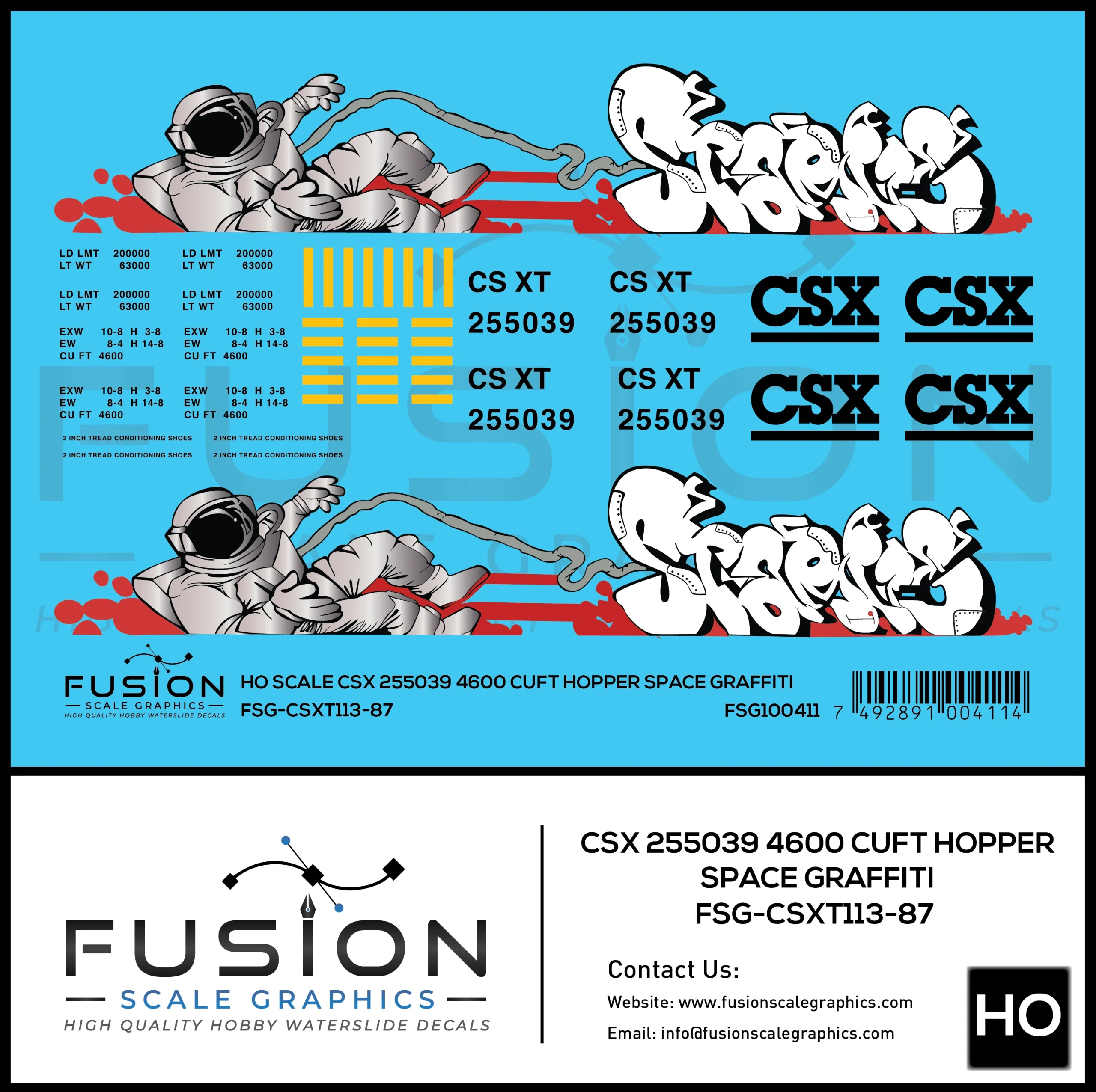 HO Scale CSX 255039 4600 CUFT Hopper Space Graffiti Decal Set - Fusion Scale Graphics