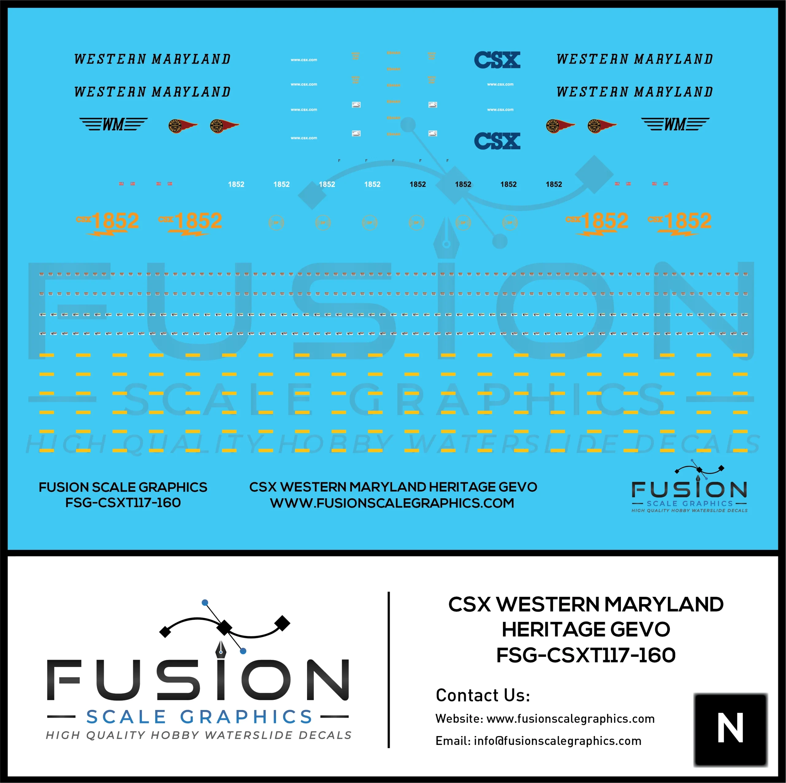 N Scale CSX 1852 W&M Western Maryland Heritage ES44AH Locomotive Decal Set - Fusion Scale Graphics