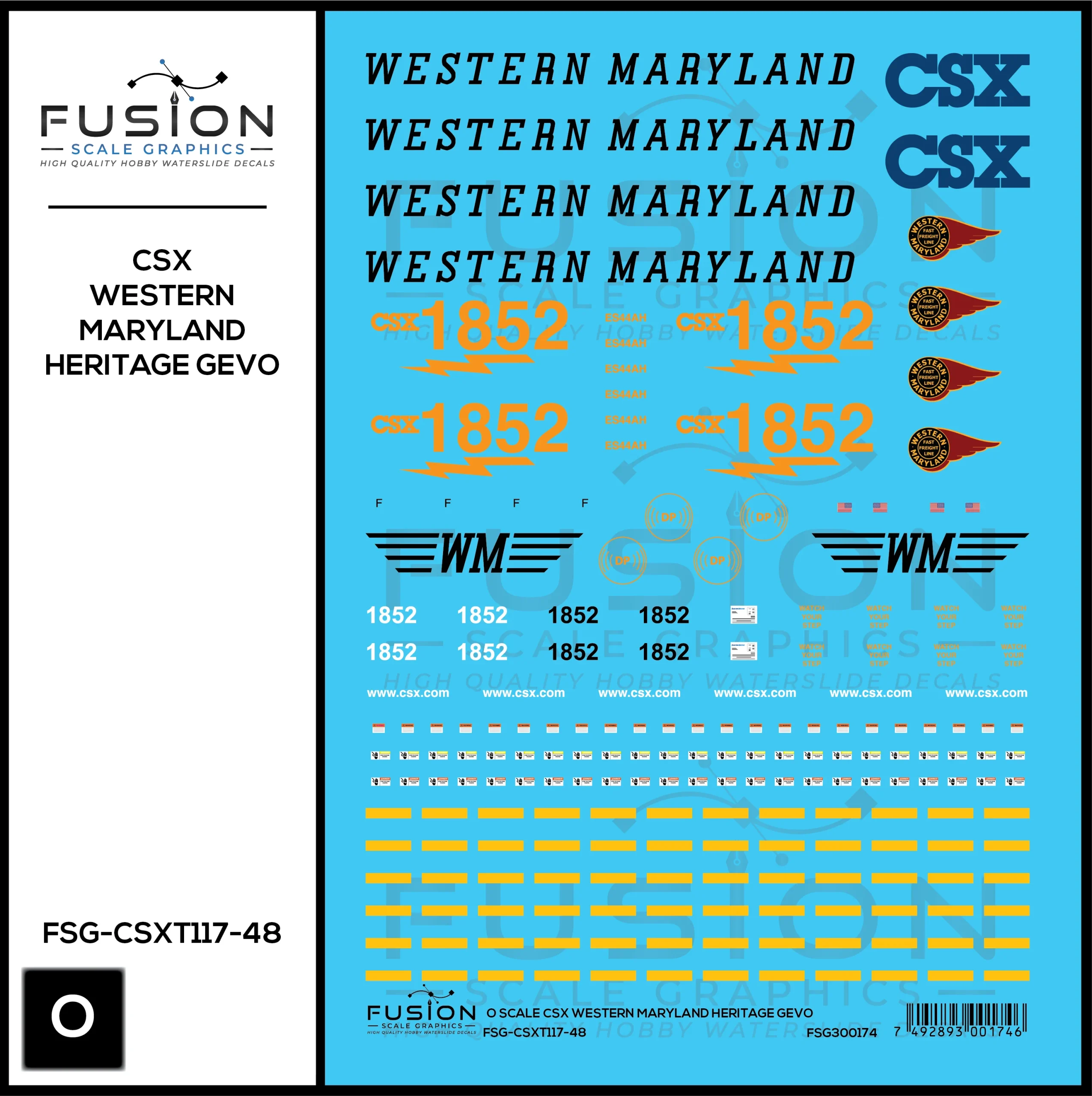 O Scale CSX Western Maryland Heritage GEVO Locomotive Decal Set - Fusion Scale Graphics