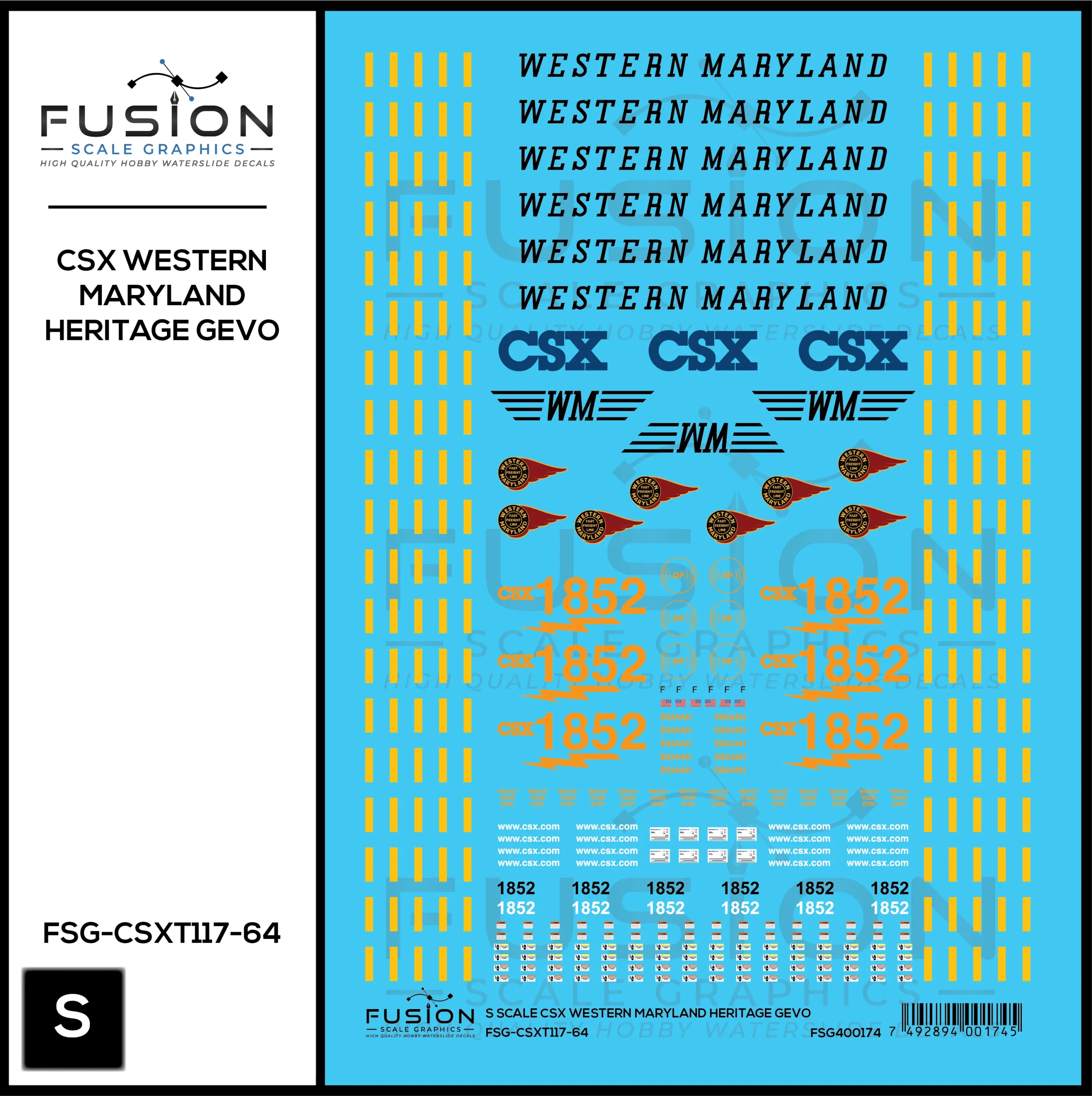 S Scale CSX 1852 W&M Western Maryland Heritage ES44AH Locomotive Decal Set - Fusion Scale Graphics