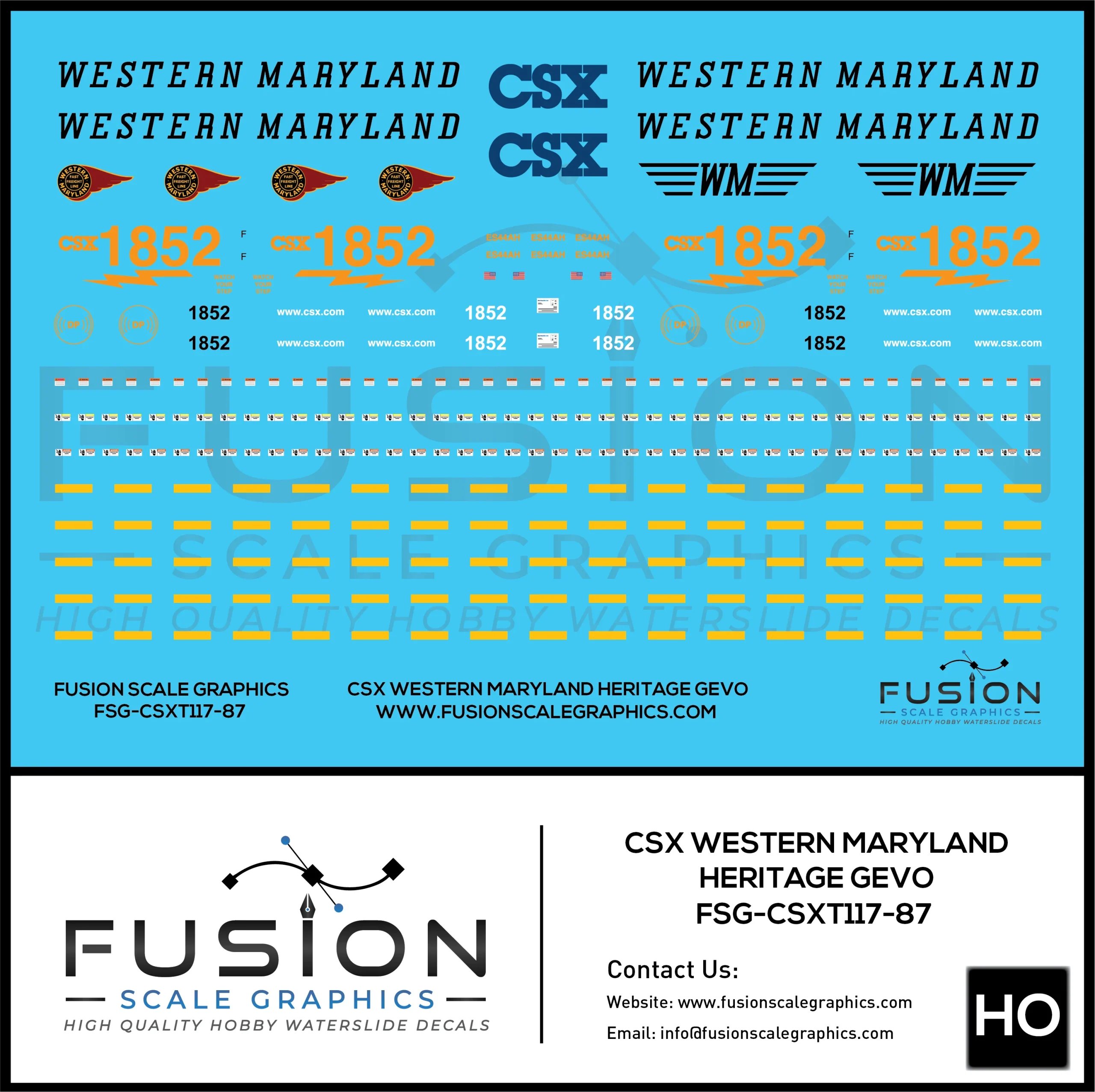HO Scale CSX 1852 W&M Western Maryland Heritage ES44AH Locomotive Decal Set - Fusion Scale Graphics