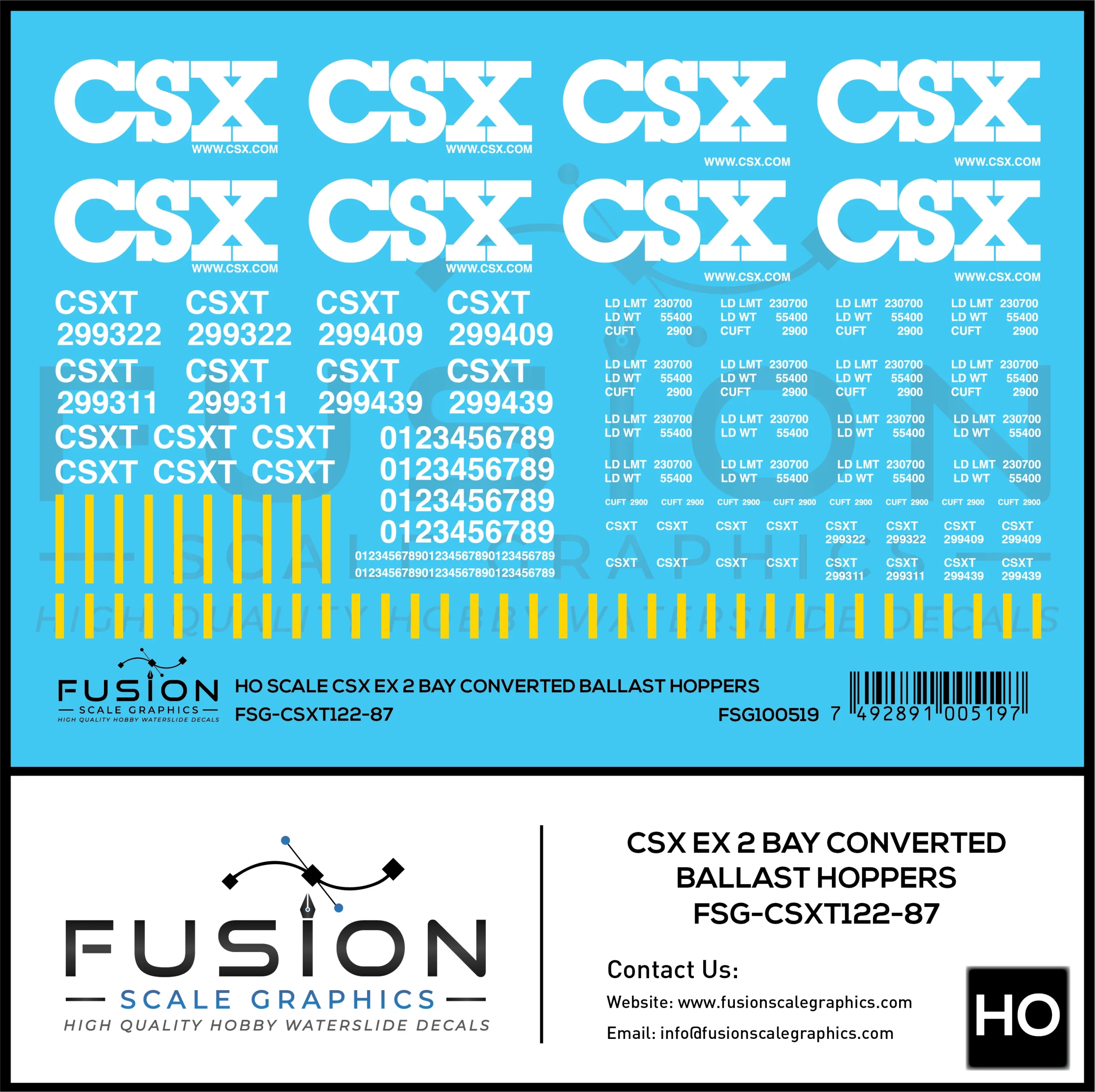 HO Scale CSXT / CSX Converted Ex 2 Bay Ballast Hoppers Decal Set - Fusion Scale Graphics