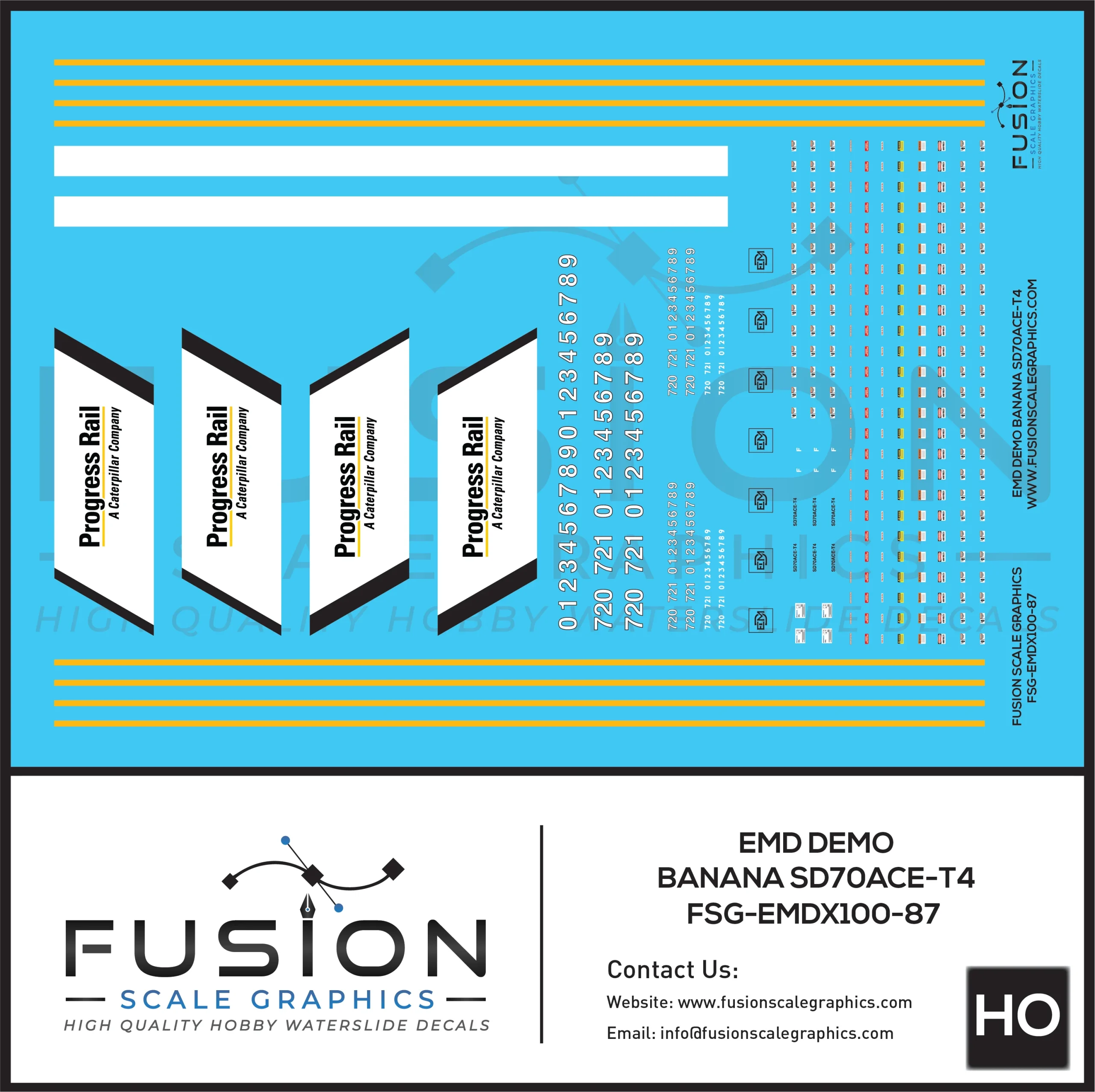 HO Scale EMD Demo T4 SD70ACE Banana Locomotive Decal Set - Fusion Scale Graphics