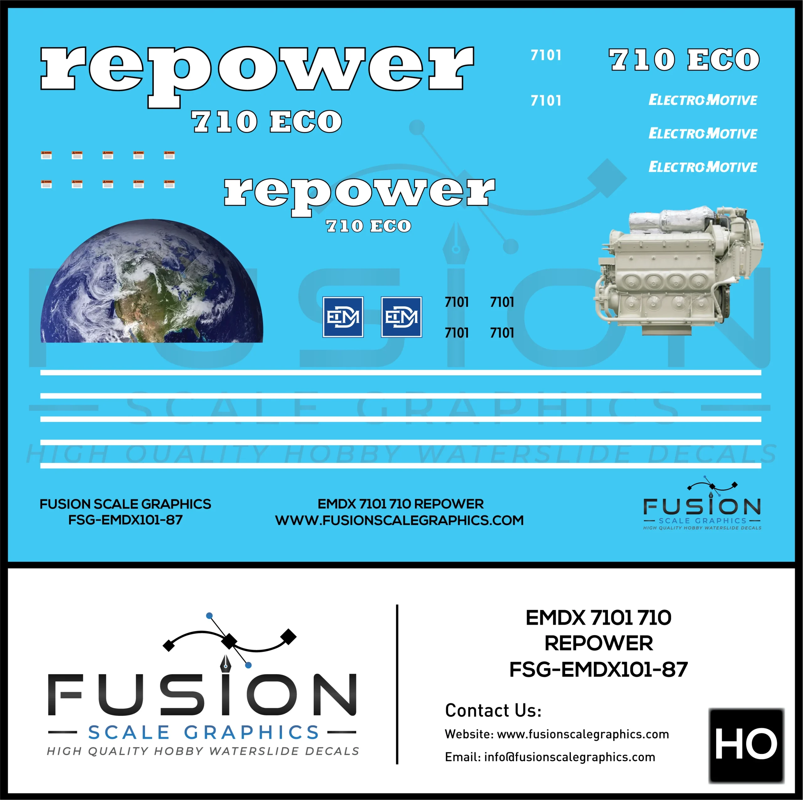 HO Scale EMDX 7101 710 Repower Locomotive Decal Set - Fusion Scale Graphics
