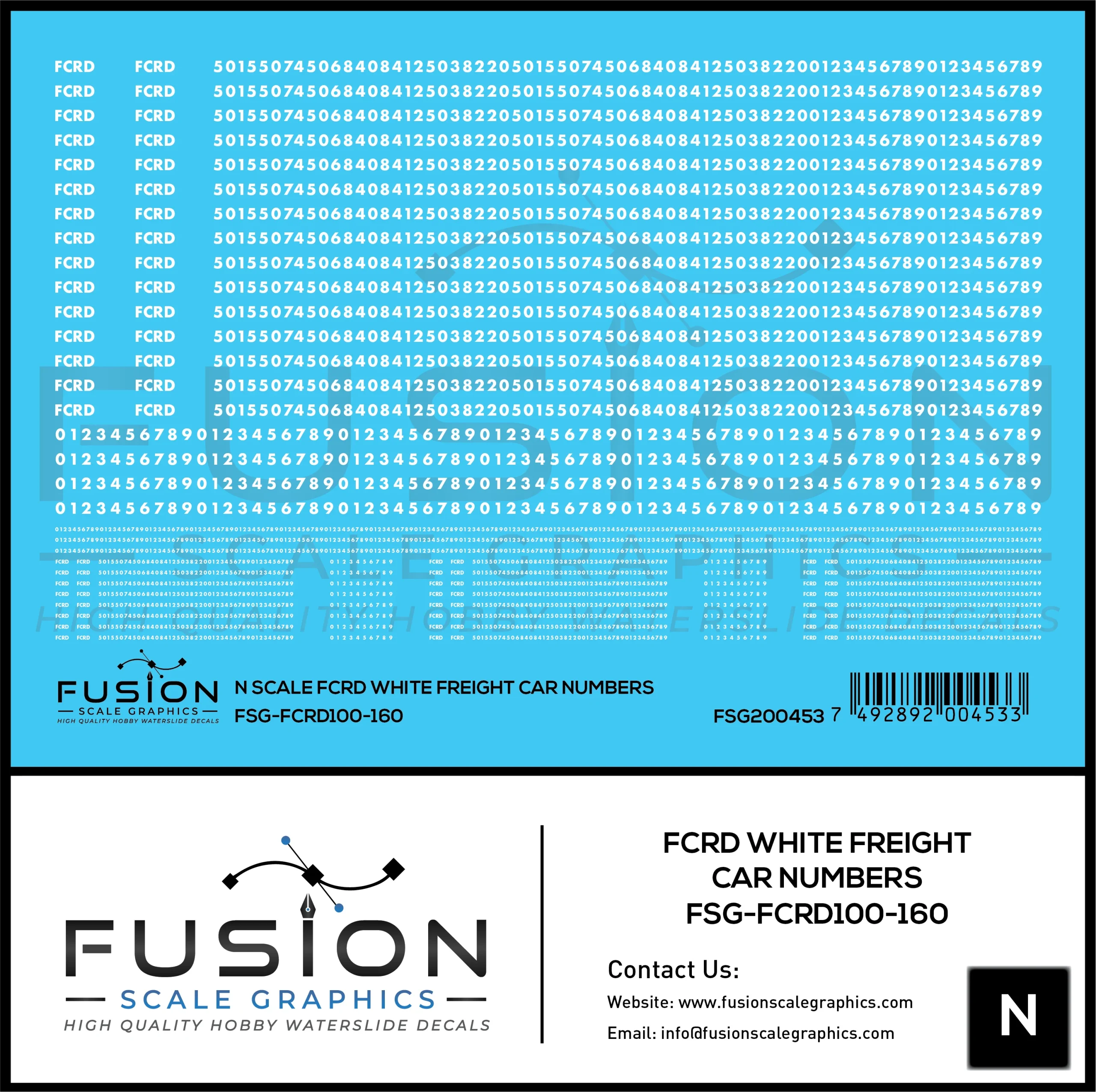 N Scale First Coast FCRD White Freight Car Numbers Decal Set - Fusion Scale Graphics