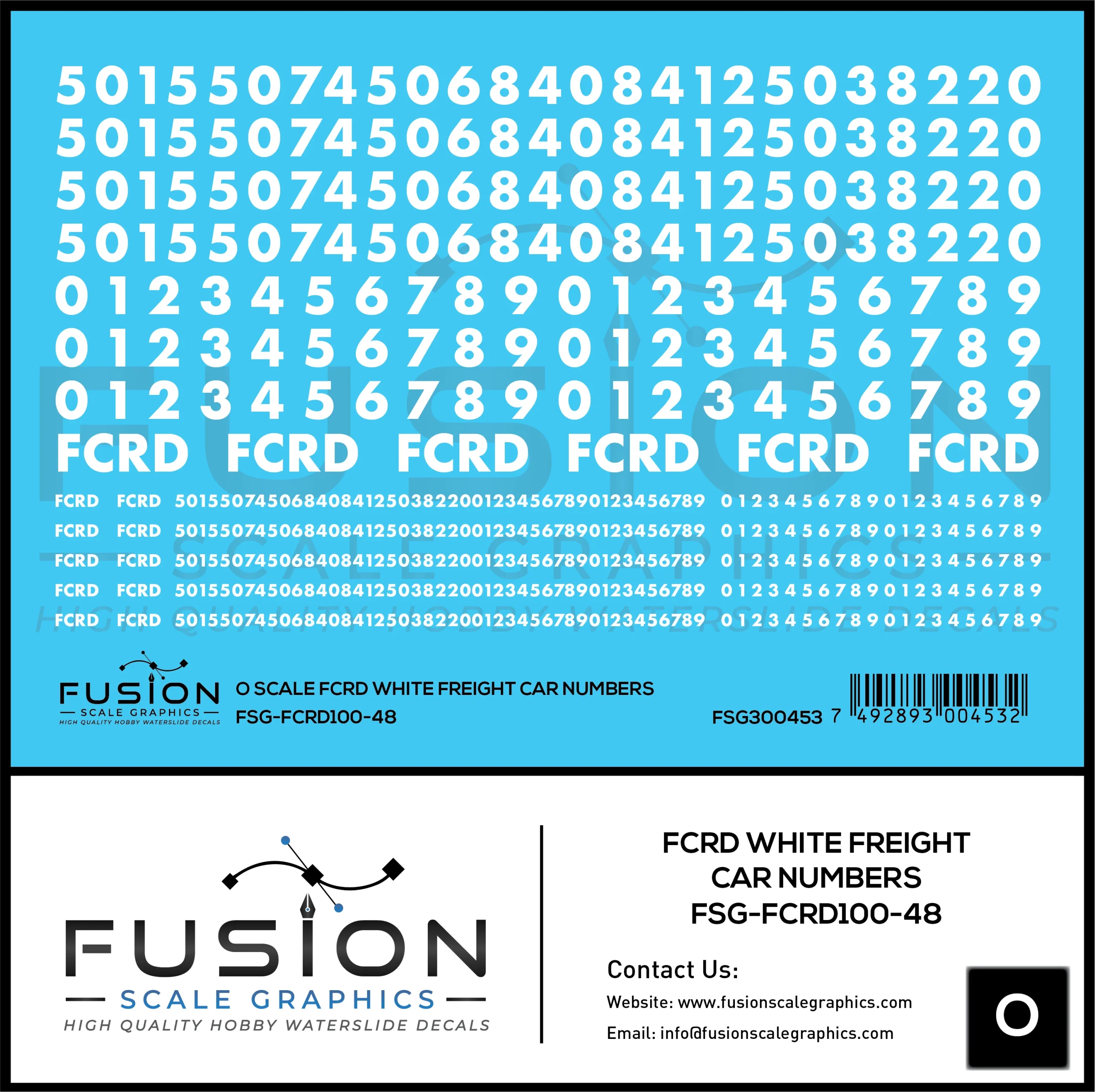 O Scale First Coast FCRD White Freight Car Numbers Decal Set - Fusion Scale Graphics
