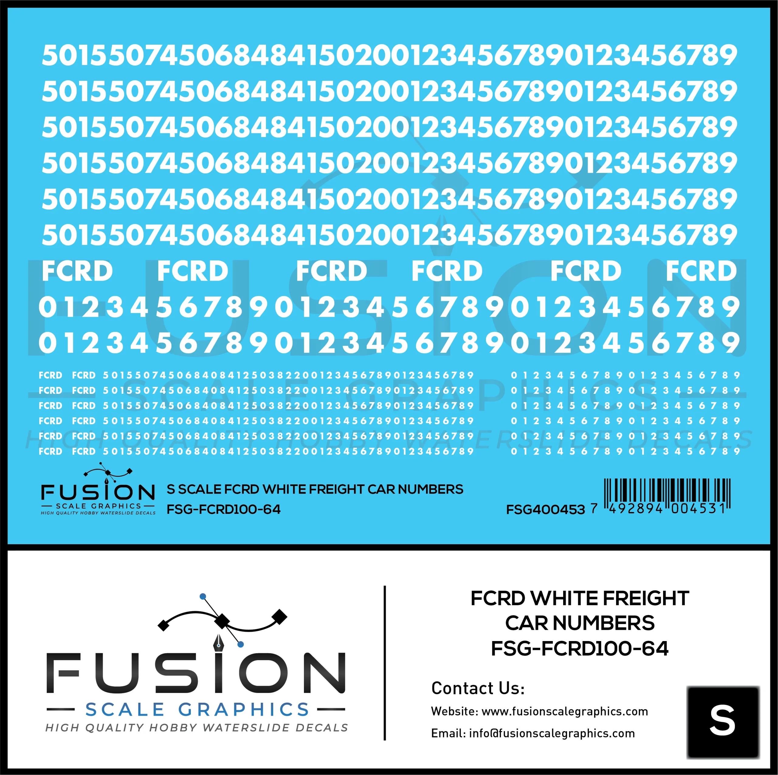 S Scale First Coast FCRD White Freight Car Numbers Decal Set - Fusion Scale Graphics