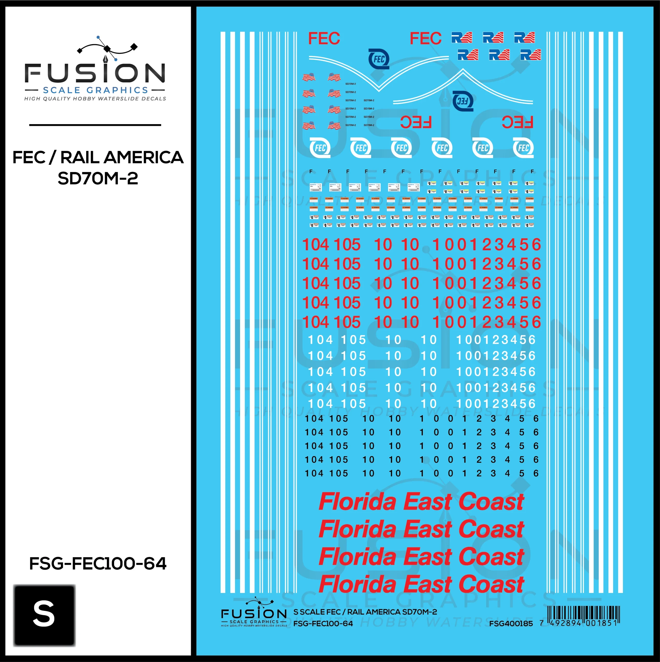 S Scale Florida East Coast/Rail America EMD SD70M-2 Locomotive Decal Set