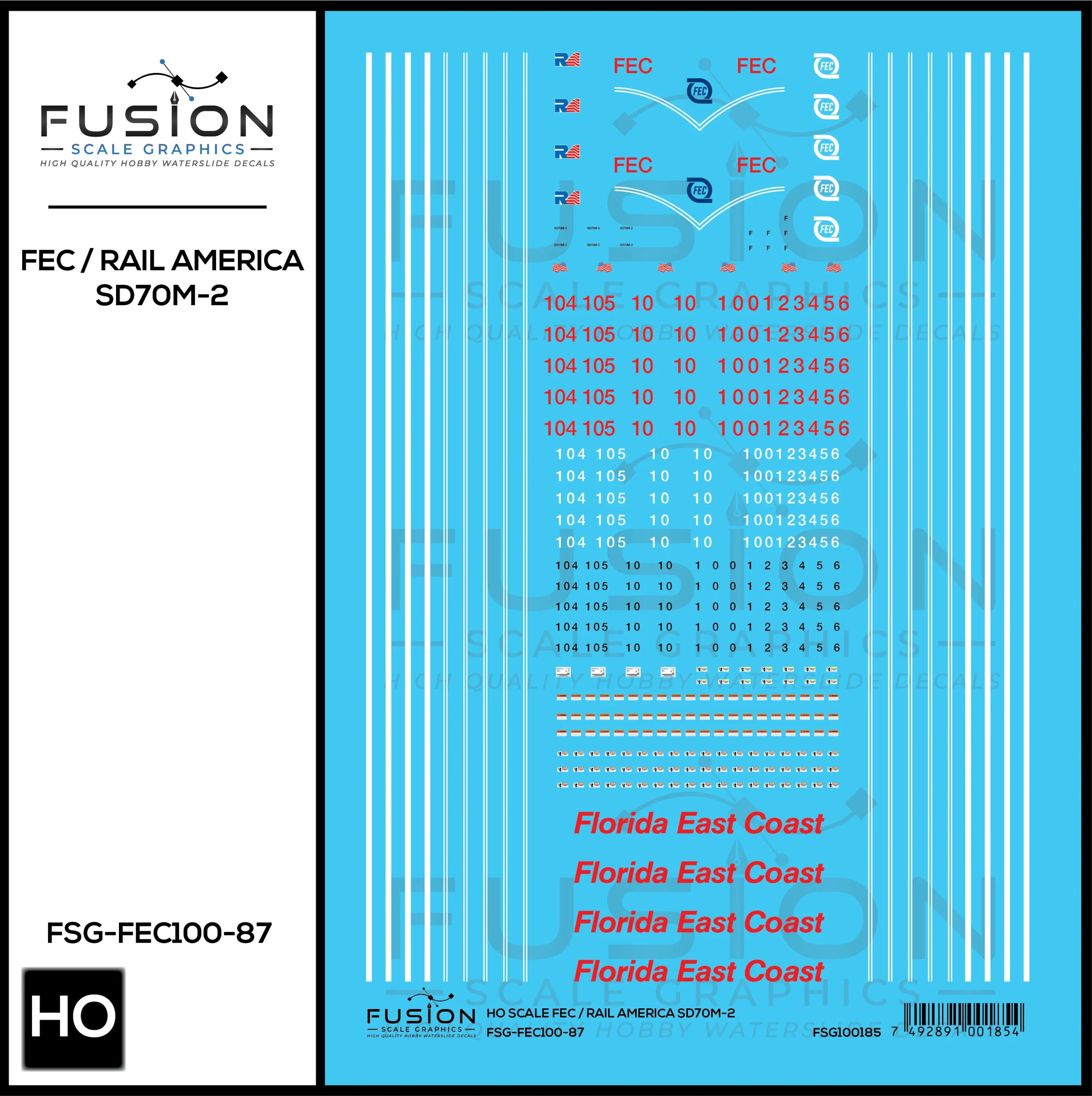 HO Scale Florida East Coast/Rail America EMD SD70M-2 Locomotive Decal Set