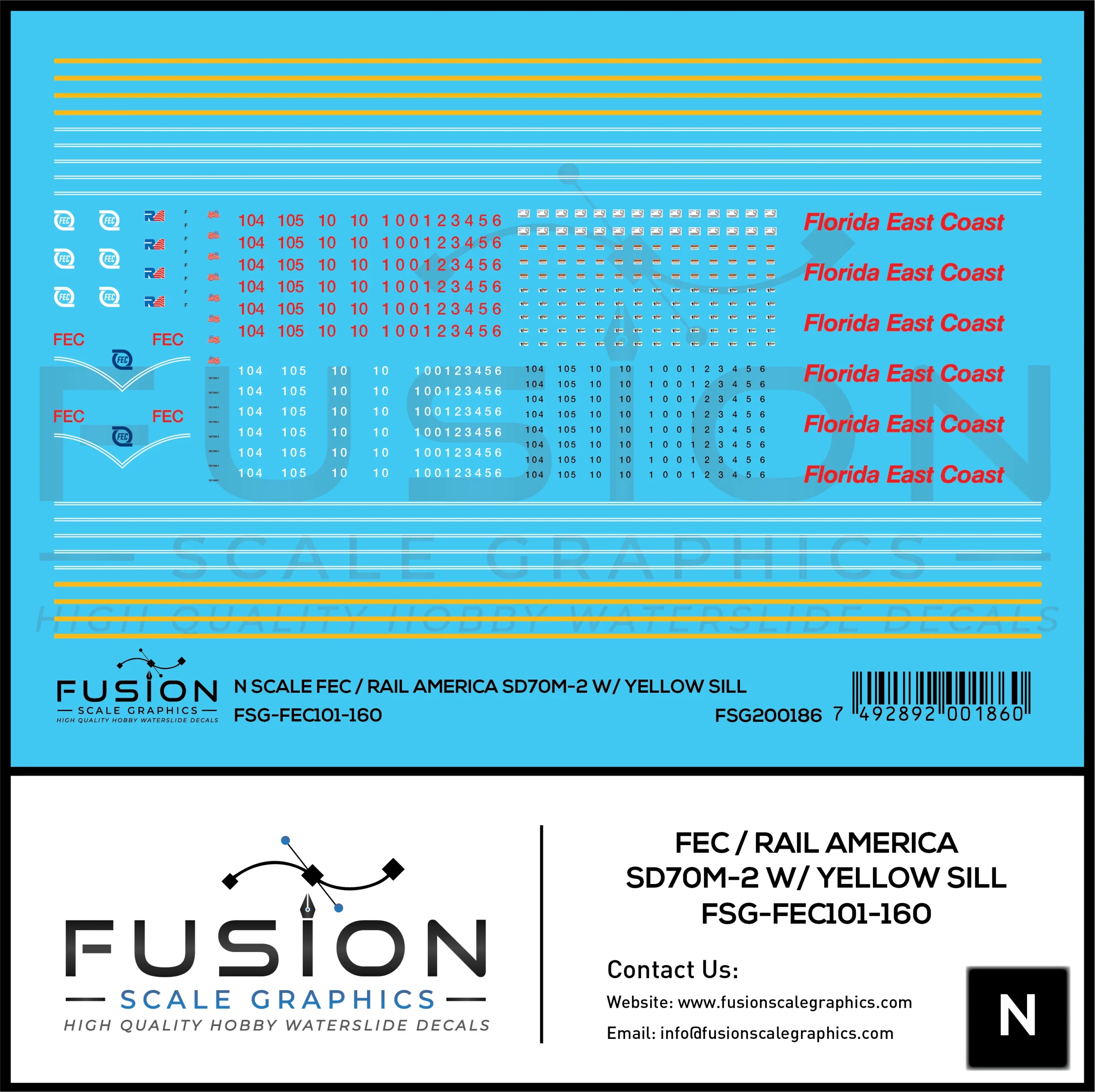 N Scale Florida East Coast/Rail America EMD SD70M-2 W/ Yellow Sill Locomotive Decal Set