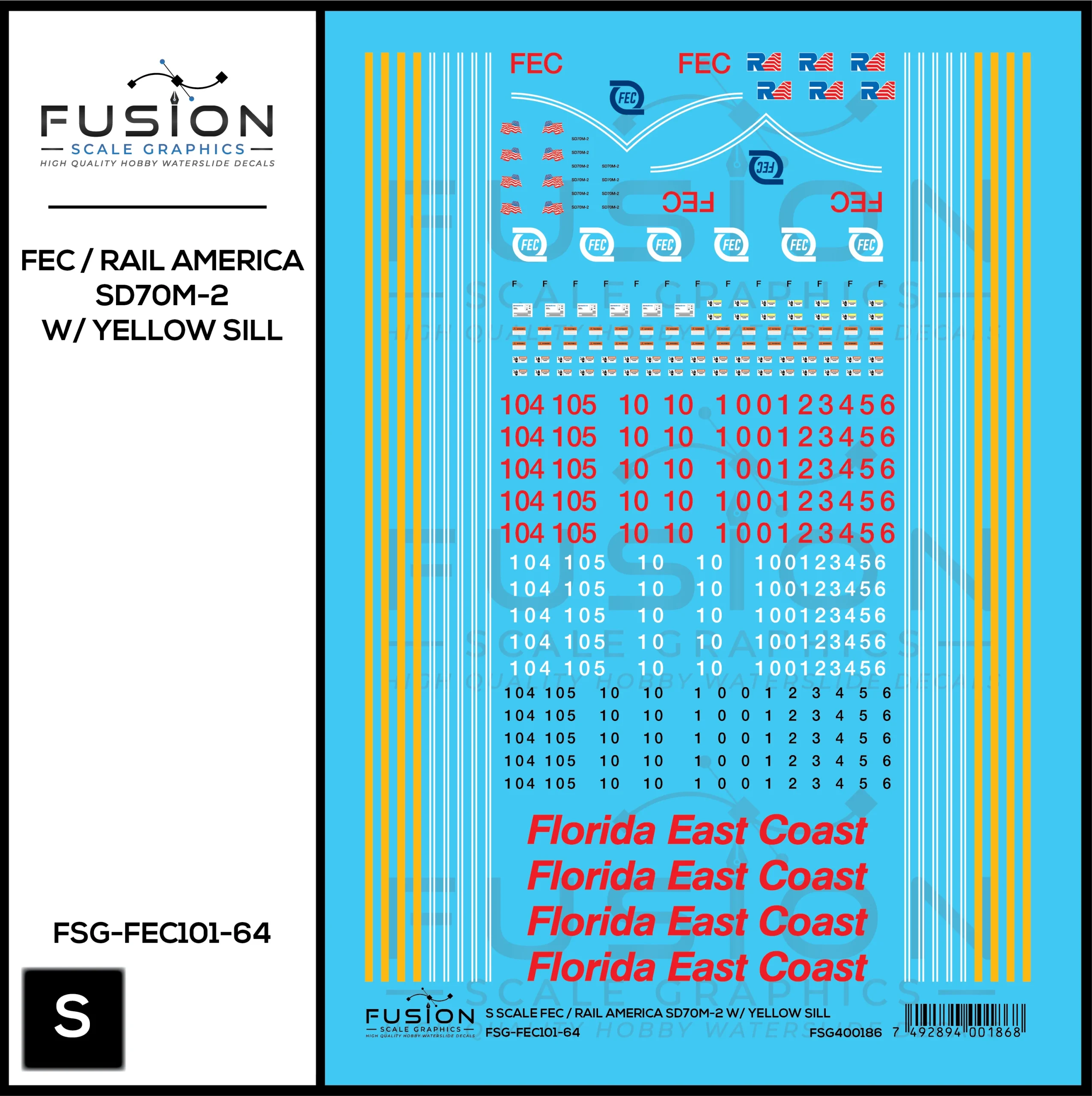 S Scale Florida East Coast/Rail America EMD SD70M-2 W/ Yellow Sill Locomotive Decal Set