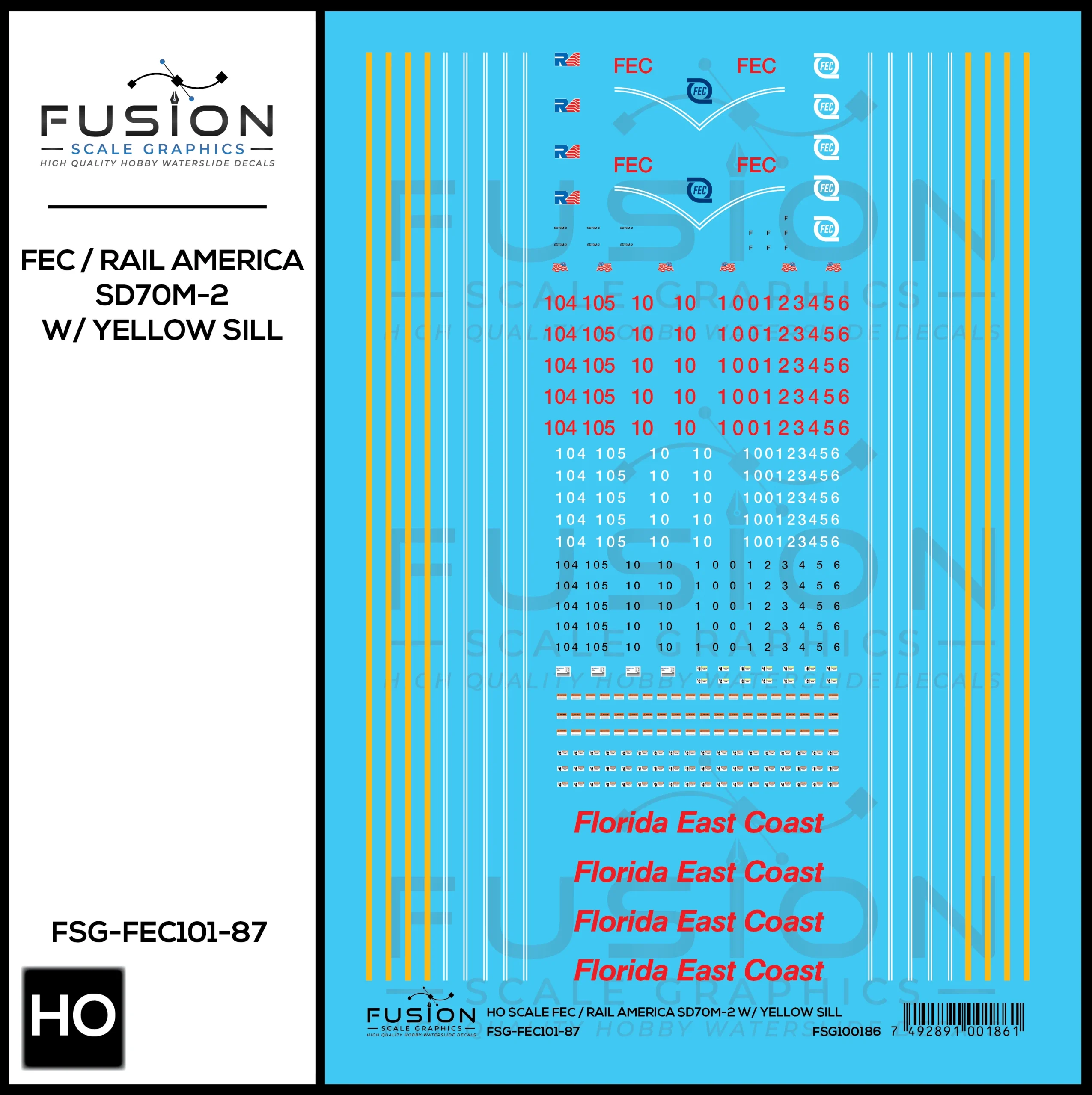 HO Scale Florida East Coast RA SD70M-2 Locomotives W/ Yellow Sill