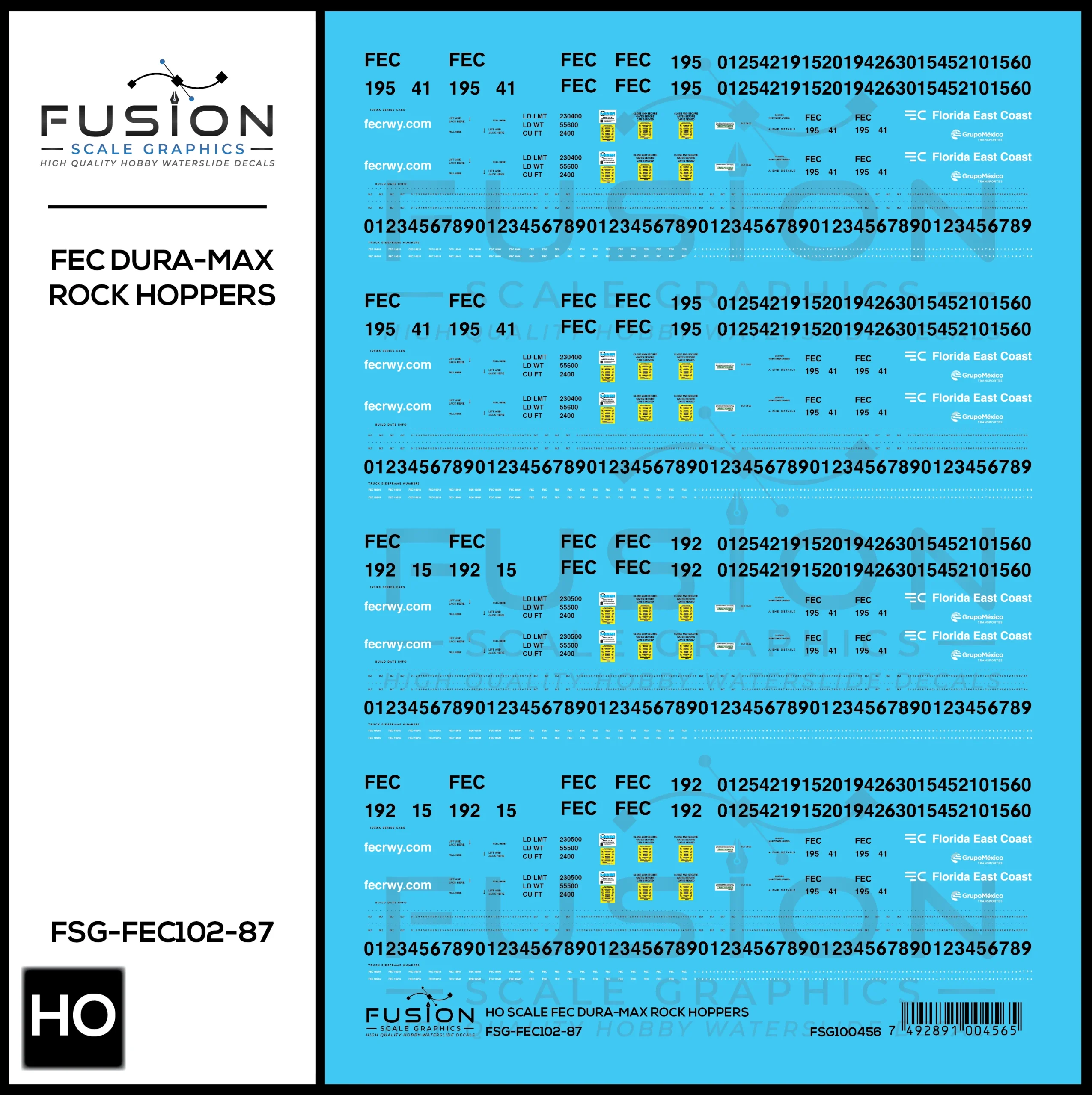 HO Scale Florida East Coast Dura-Max Rock Hopper Cars Decal Set