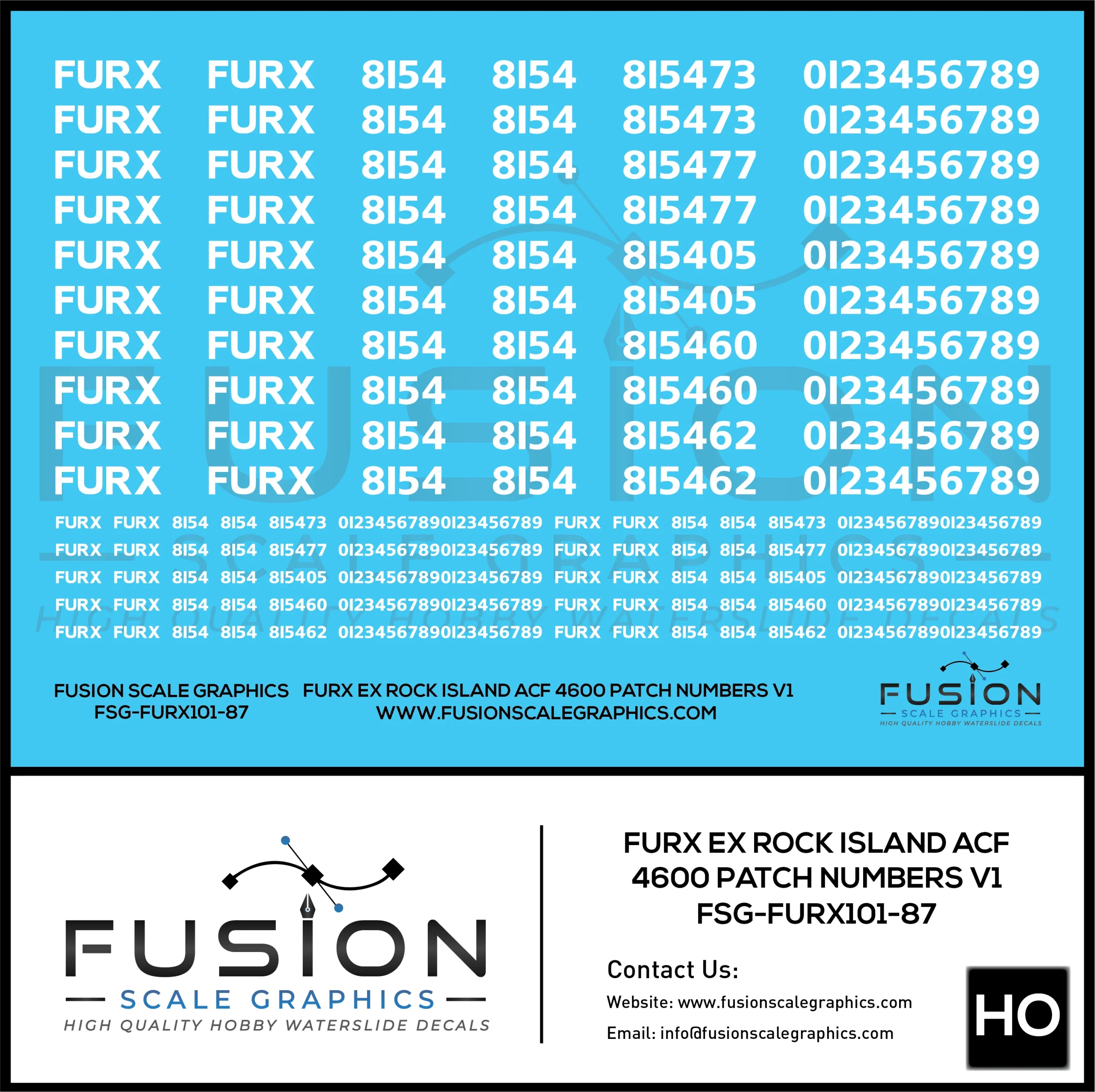 HO Scale FURX Ex Rock Island Acf 4600 Patch Numbers V1 Decal Set - Fusion Scale Graphics