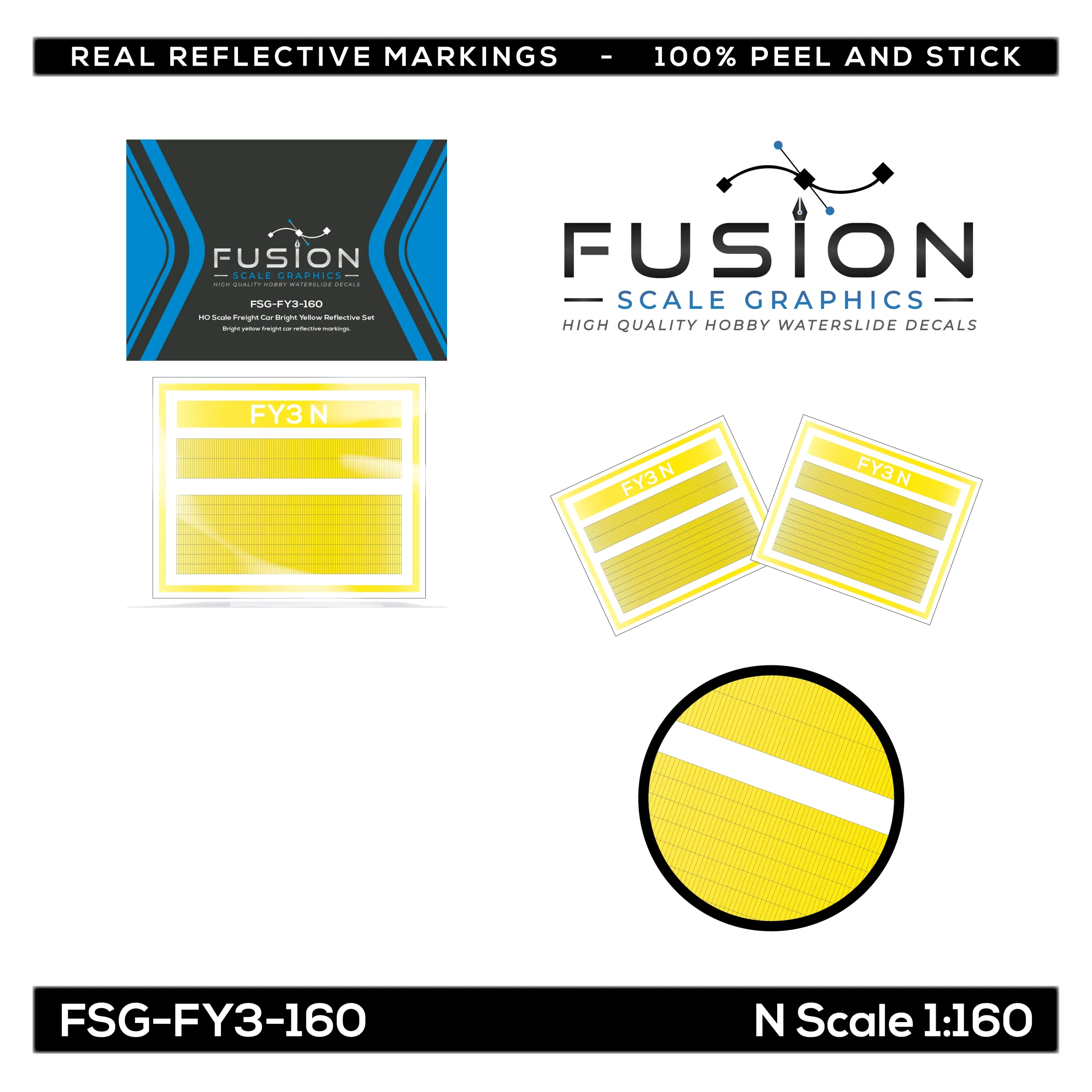 N Scale Railroad Freight Car Bright Yellow Reflective Markings Set - Fusion Scale Graphics
