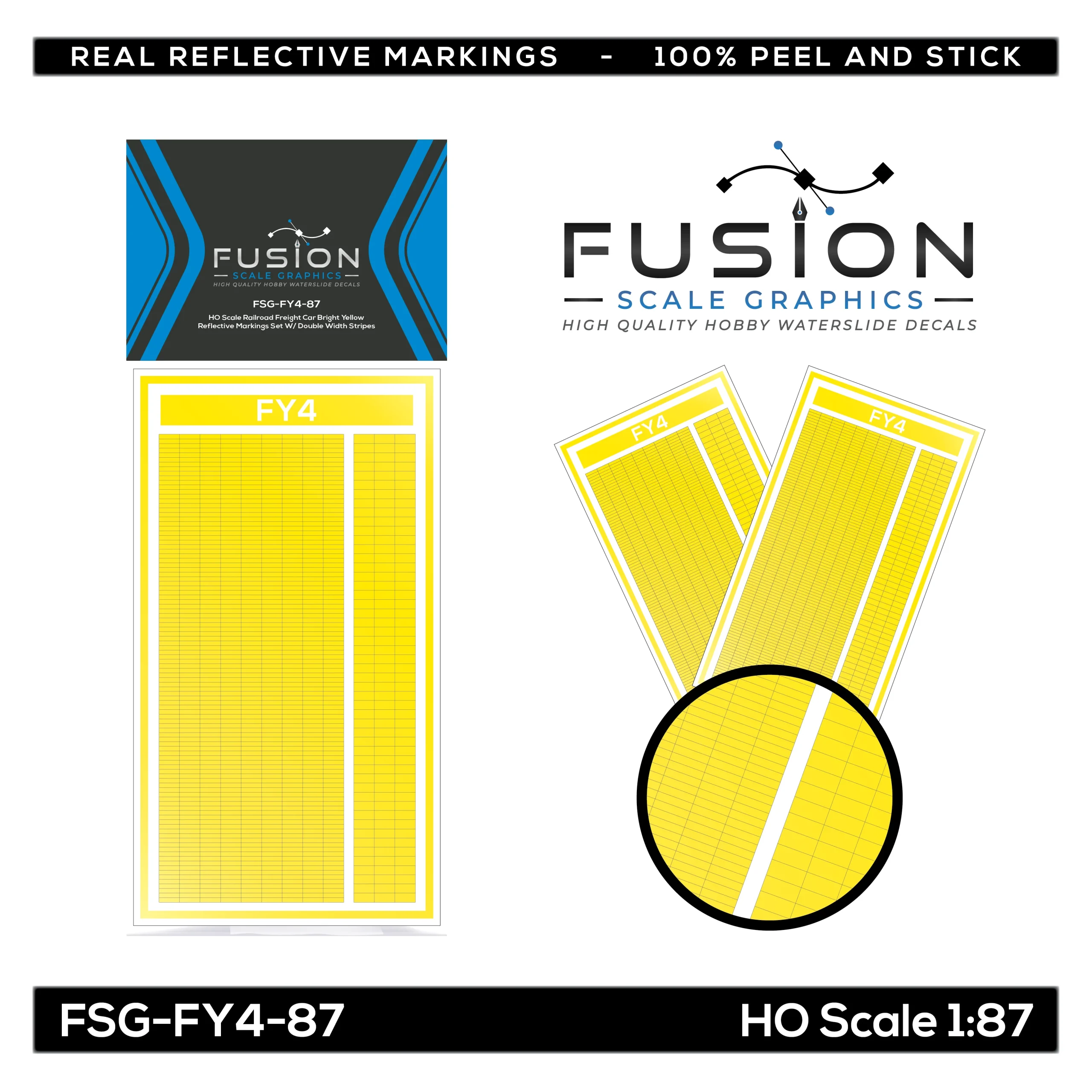 HO Scale Railroad Freight Car Bright Yellow Reflective Markings Set W/ Double Width Stripes - Fusion Scale Graphics