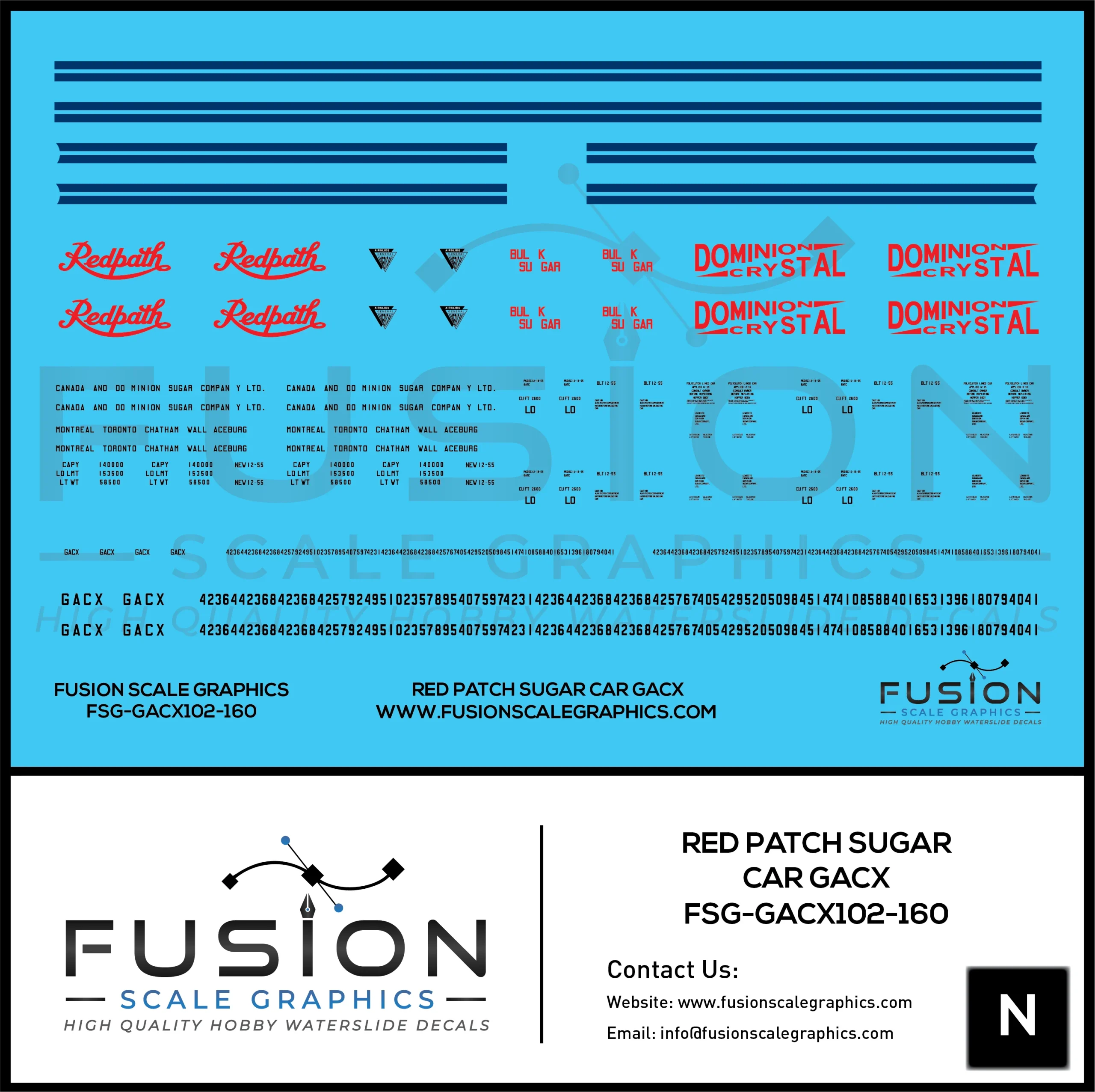 N Scale Redpath GACX Sugar Car Decal Set - Fusion Scale Graphics