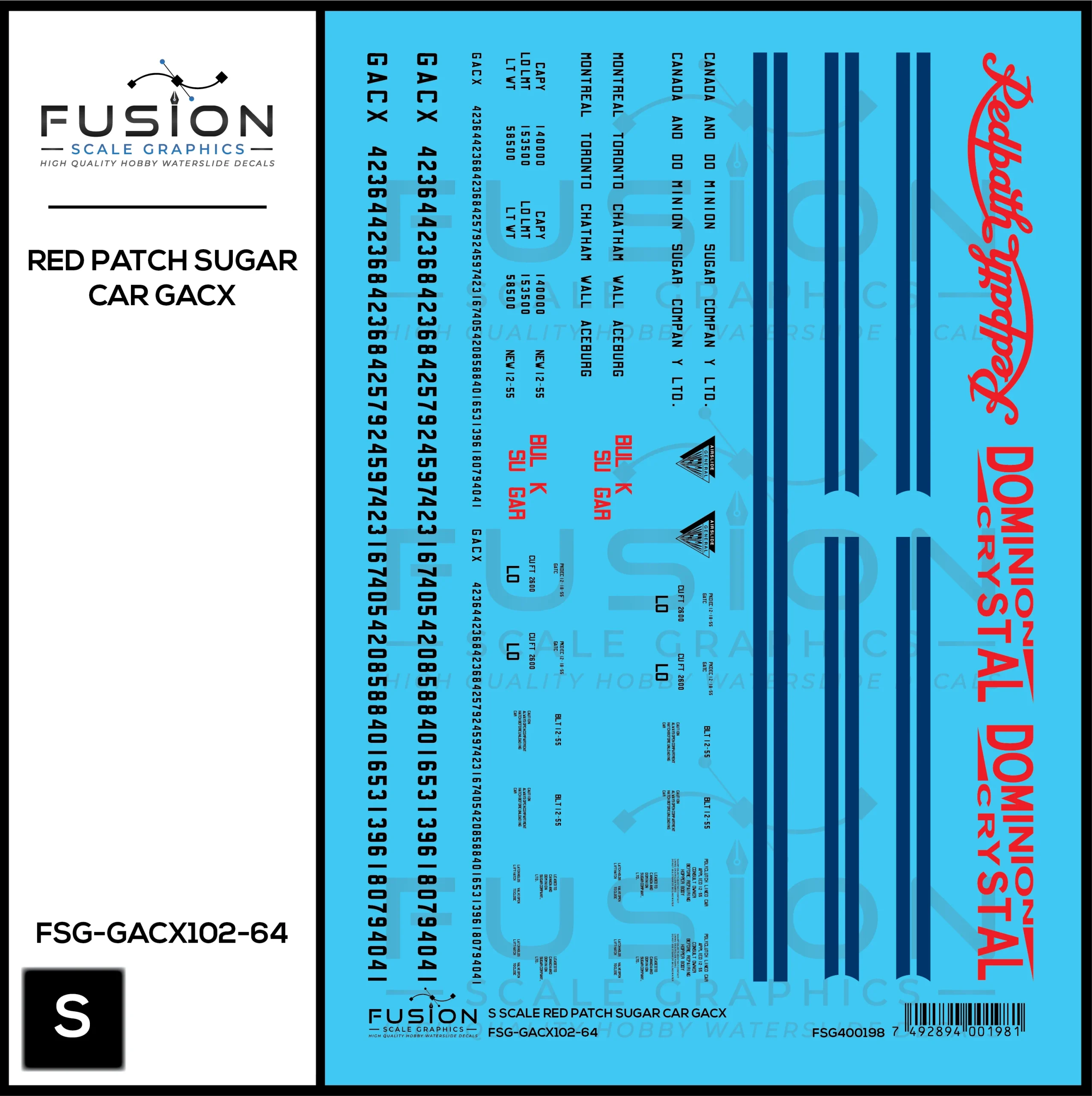 S Scale Redpath GACX Sugar Car Decal Set - Fusion Scale Graphics