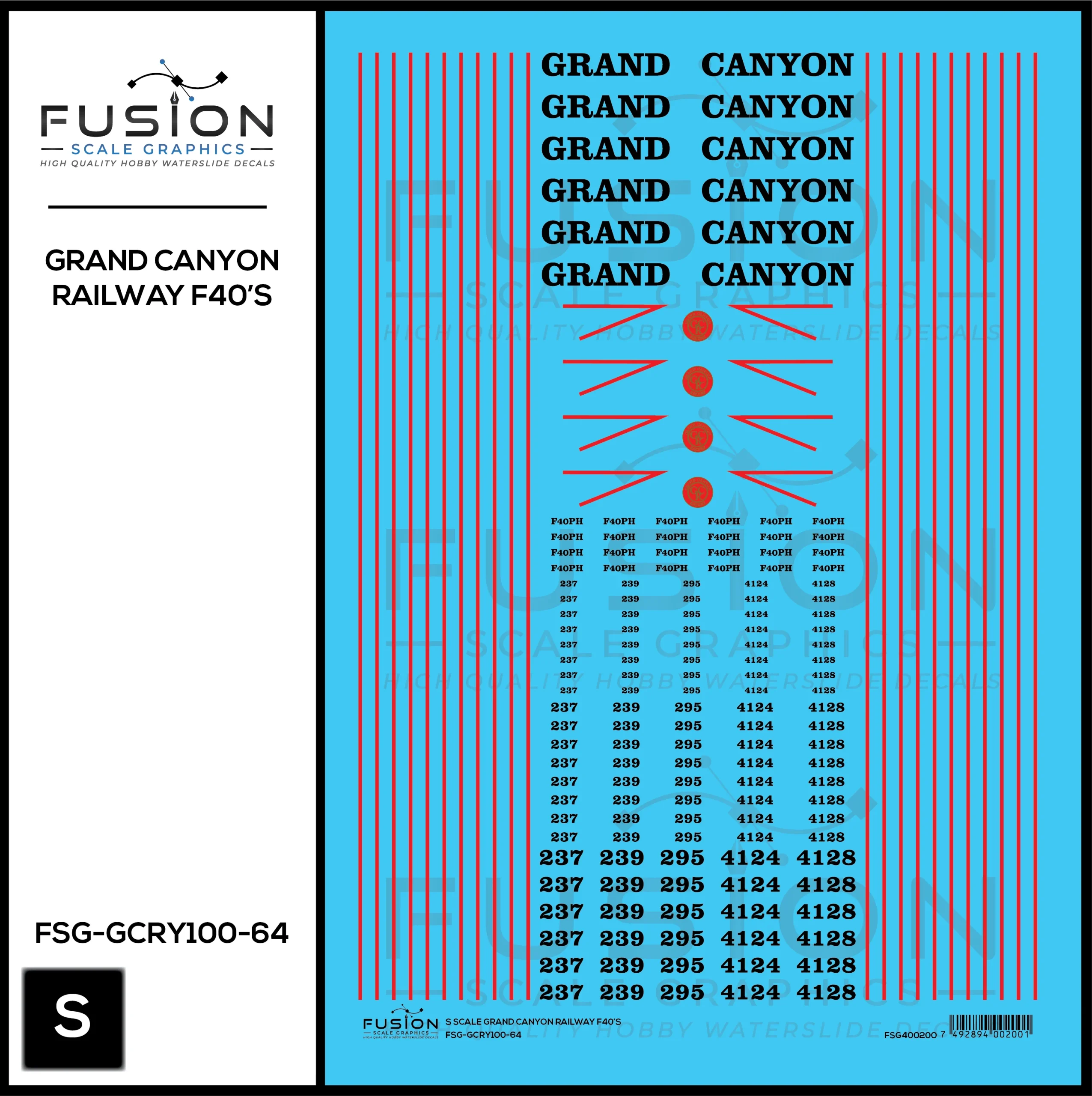 S Scale Grand Canyon Railway EMD F40PH Locomotives Decal Set - Fusion Scale Graphics