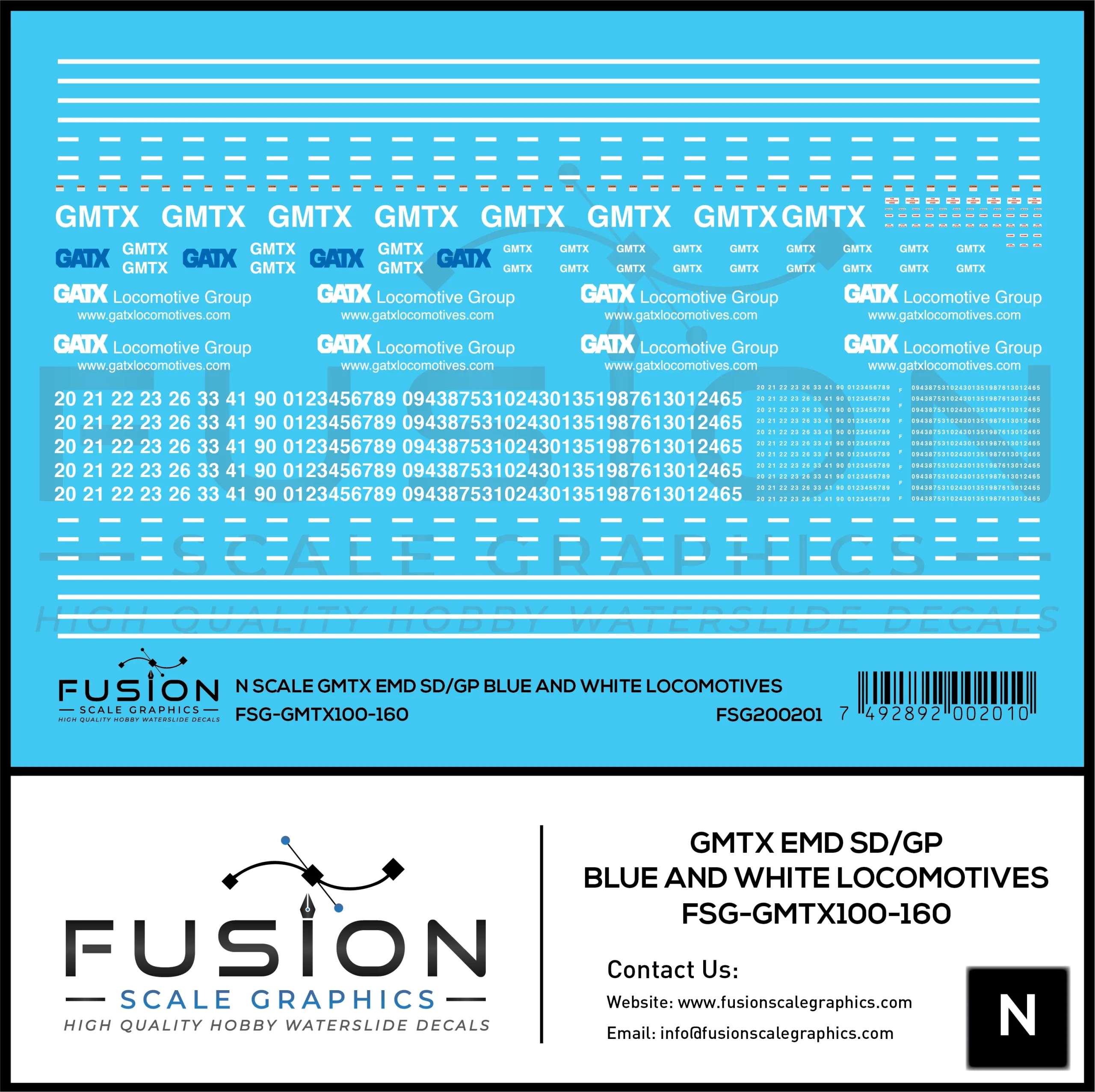 N Scale GMTX EMD SD/GP Blue and White Locomotives Decal Set - Fusion Scale Graphics
