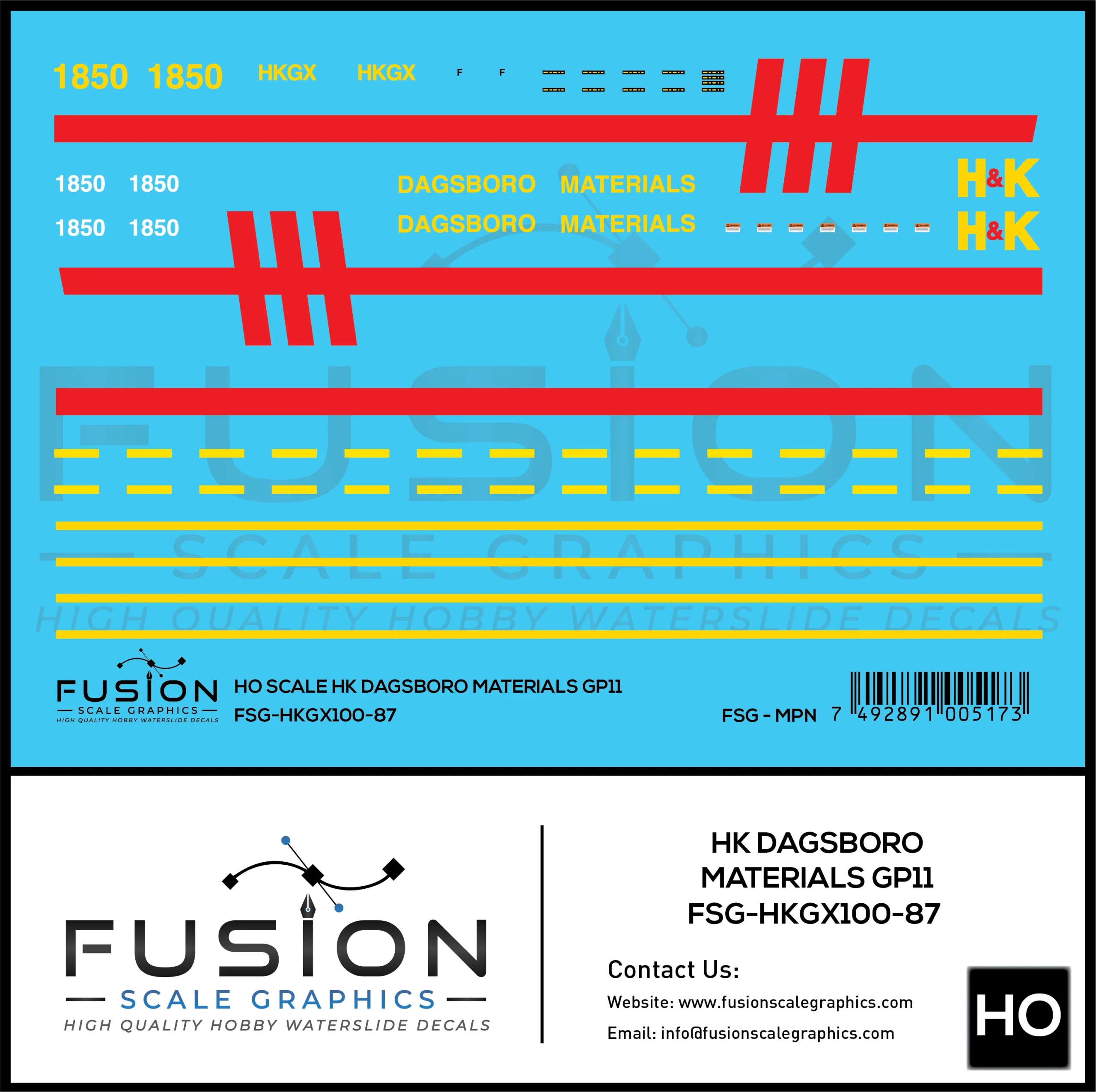 HO Scale HK Dagsboro Materials GP11 Locomotive Decal Set - Fusion Scale Graphics
