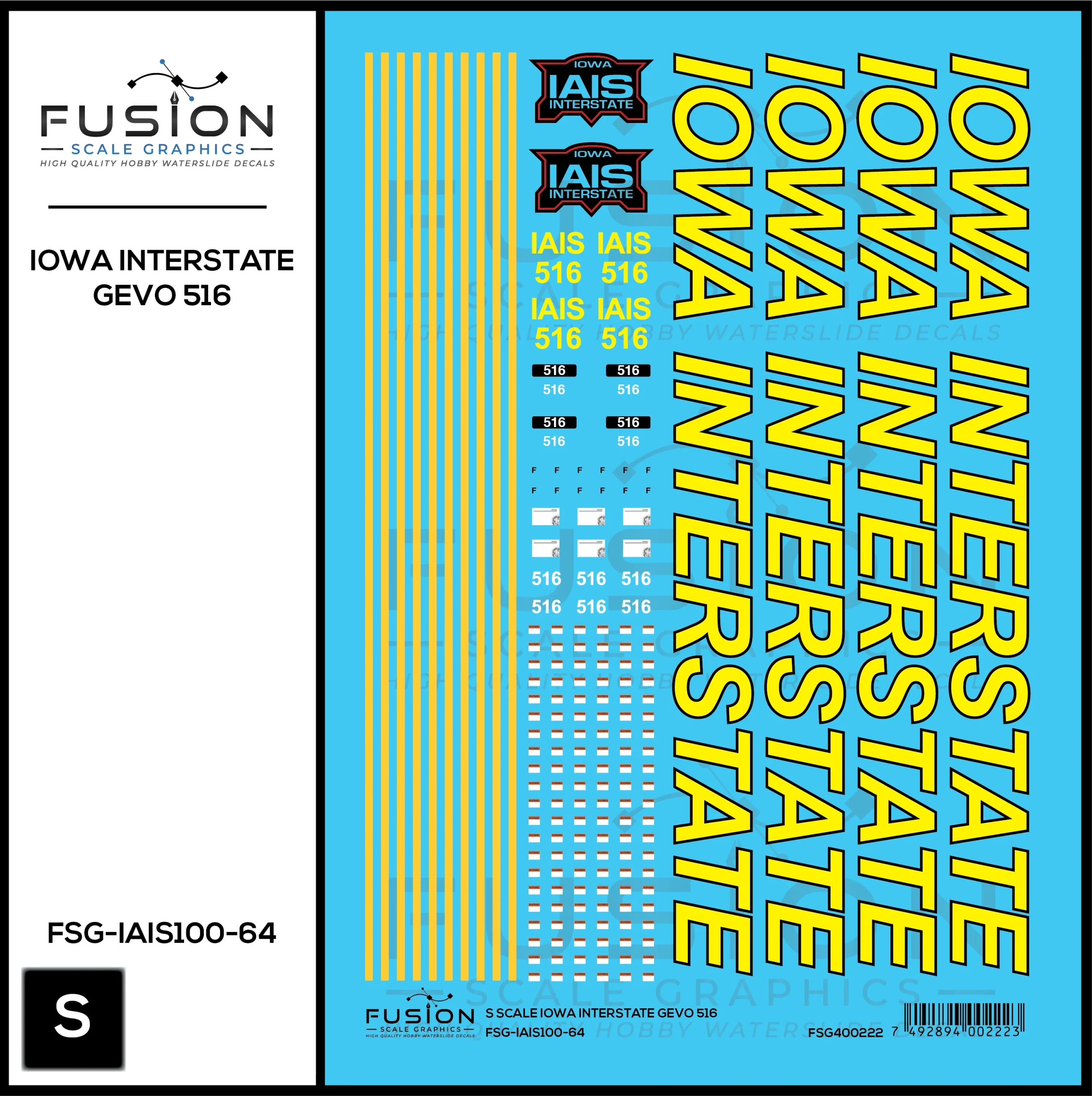 S Scale Iowa Interstate Railroad GEVO 516 Locomotive Decal Set - Fusion Scale Graphics