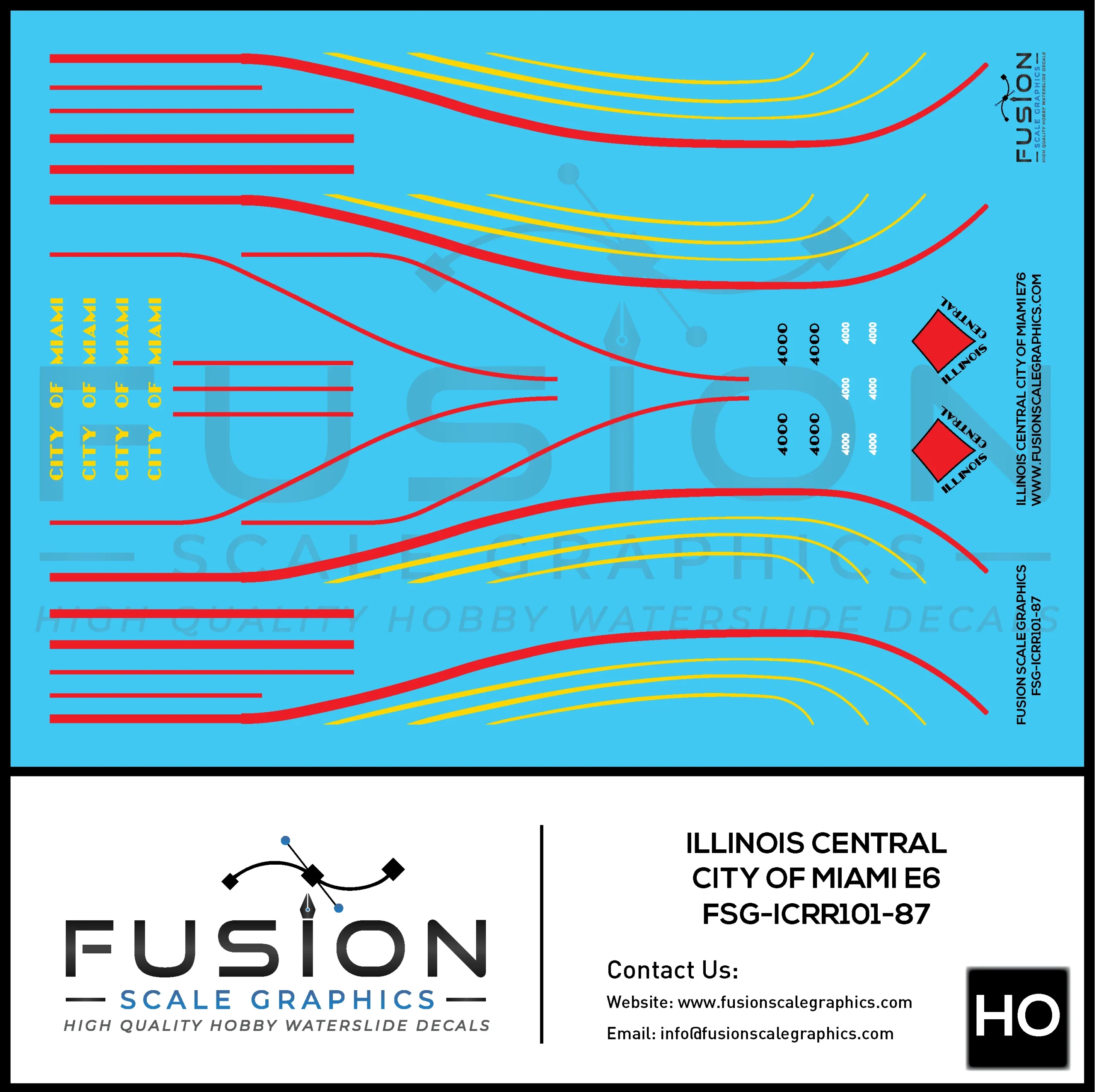 HO Scale Illinois Central EMD E6 City of Miami Locomotive Decal Set - Fusion Scale Graphics