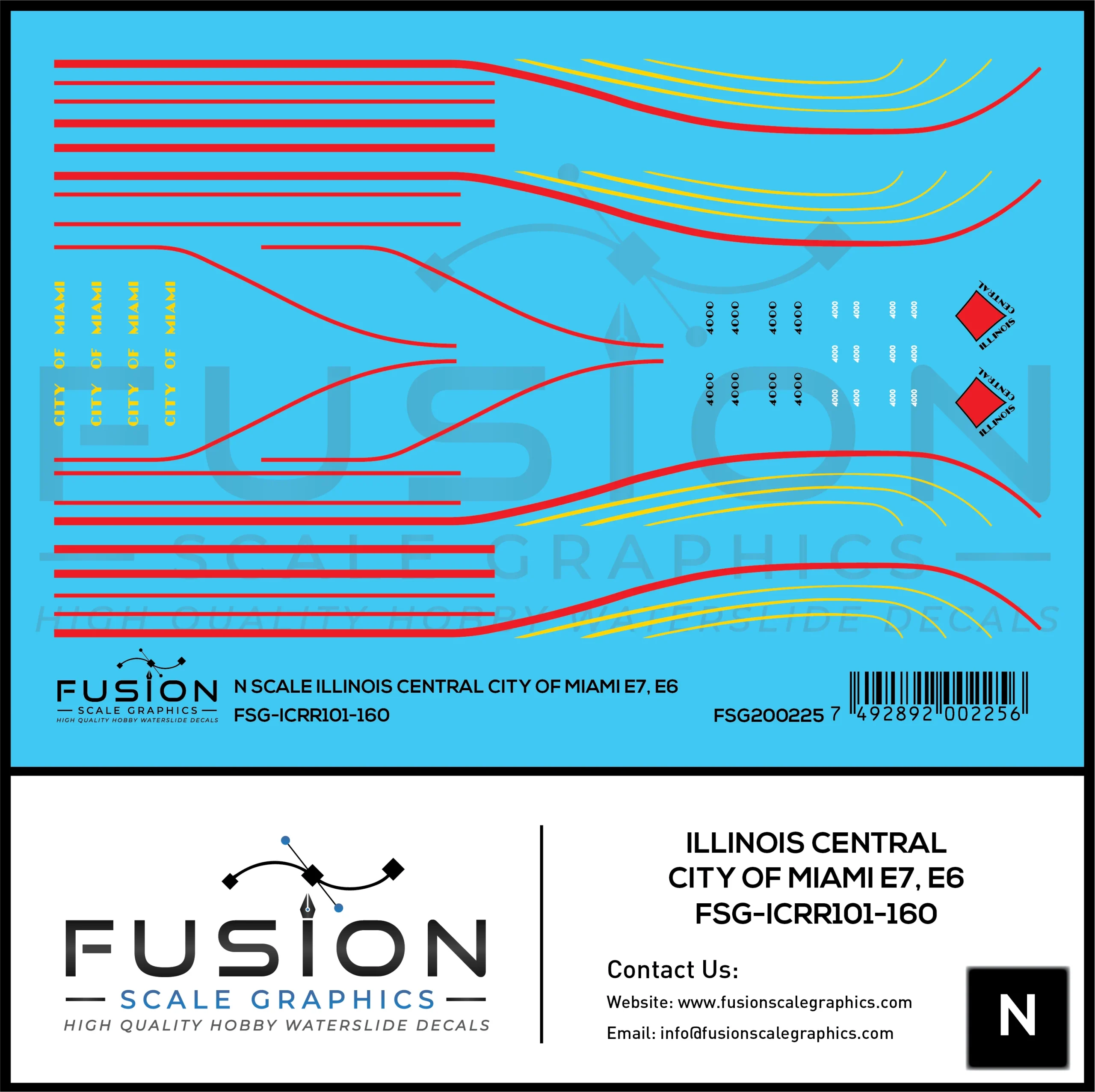 N Scale Illinois Central City of Miami EMD E6 Locomotive Decal Set - Fusion Scale Graphics