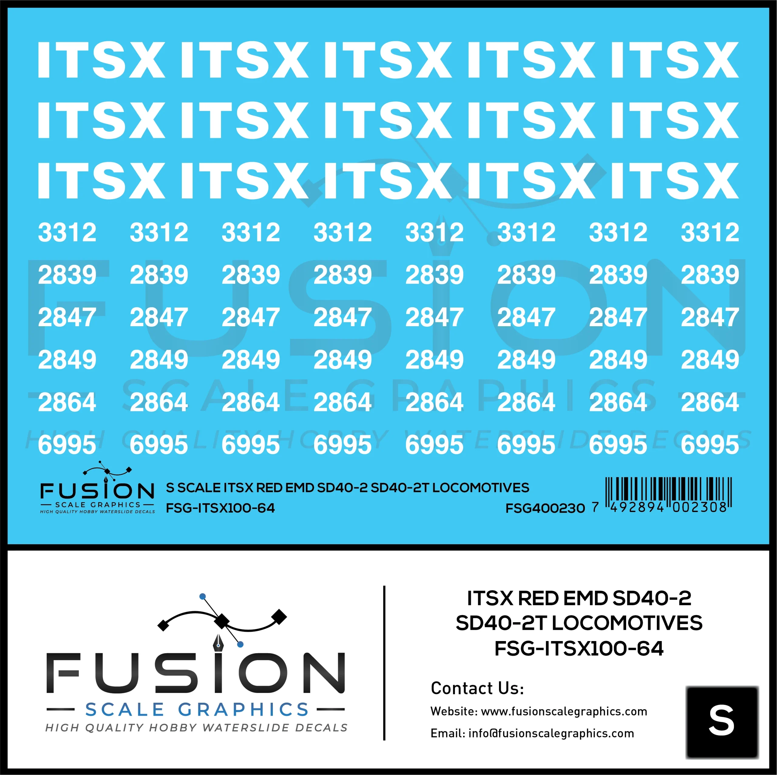 S Scale ITSX Red EMD SD40-2 / SD40-2T Locomotives Decal Set
