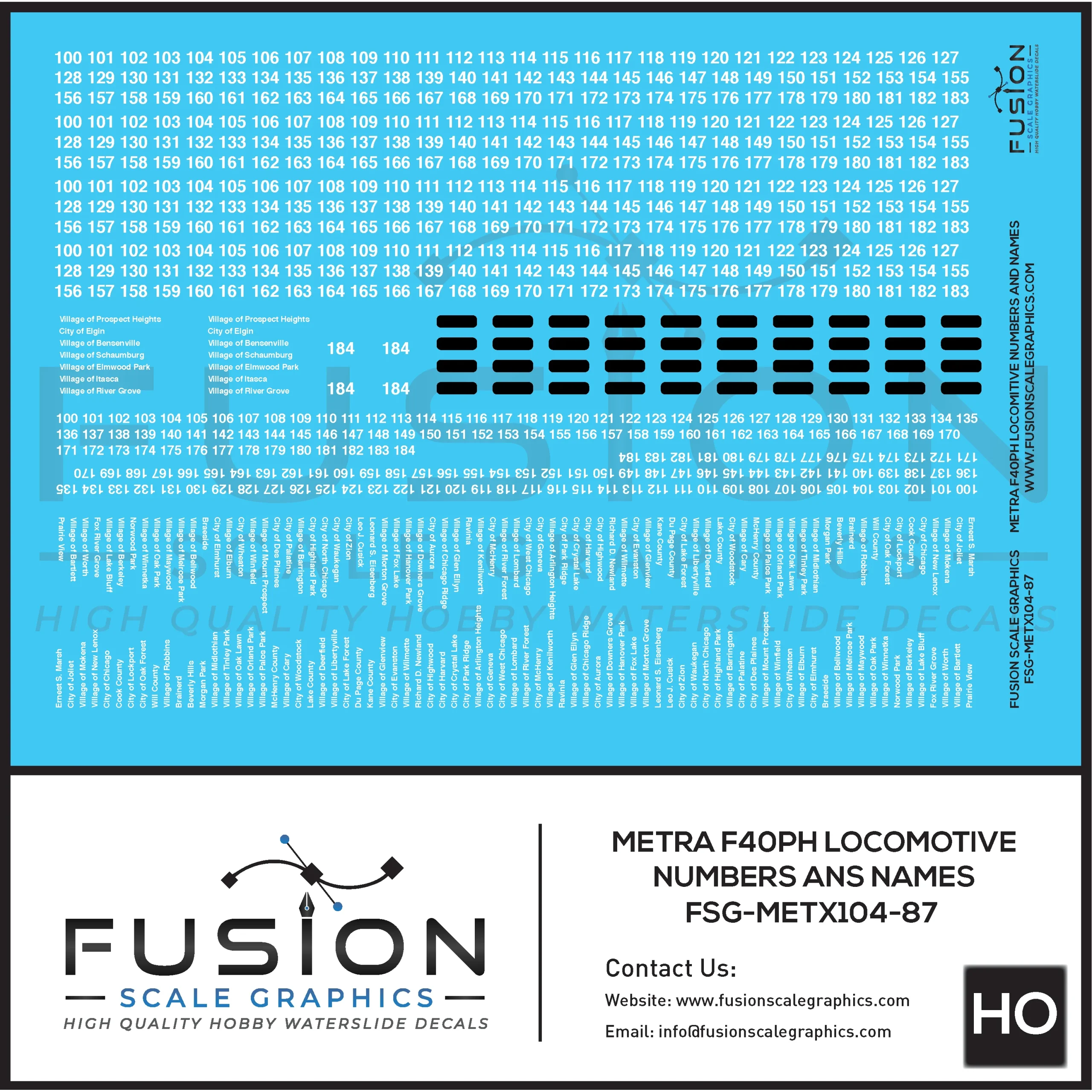 HO Scale Metra EMD F40PH Locomotive Numbers and Names Decal Set - Fusion Scale Graphics
