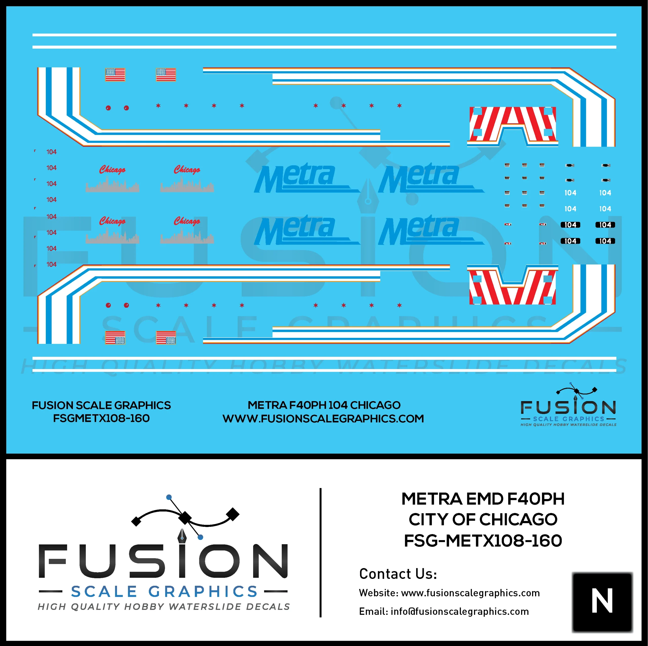 N Scale Metra 104 City of Chicago EMD F40PH Locomotive Decal Set - Fusion Scale Graphics