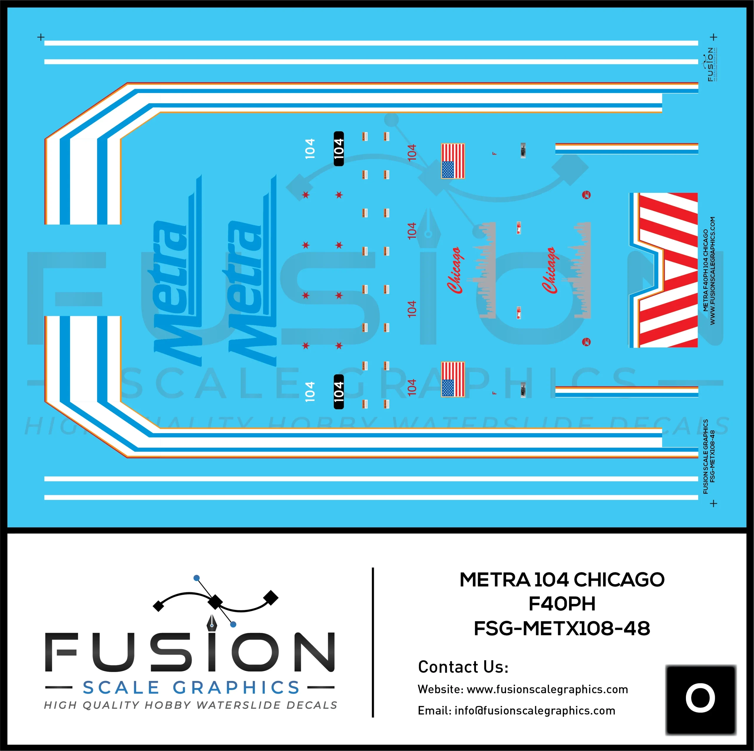 O Scale Metra 104 City of Chicago EMD F40PH Locomotive Decal Set - Fusion Scale Graphics