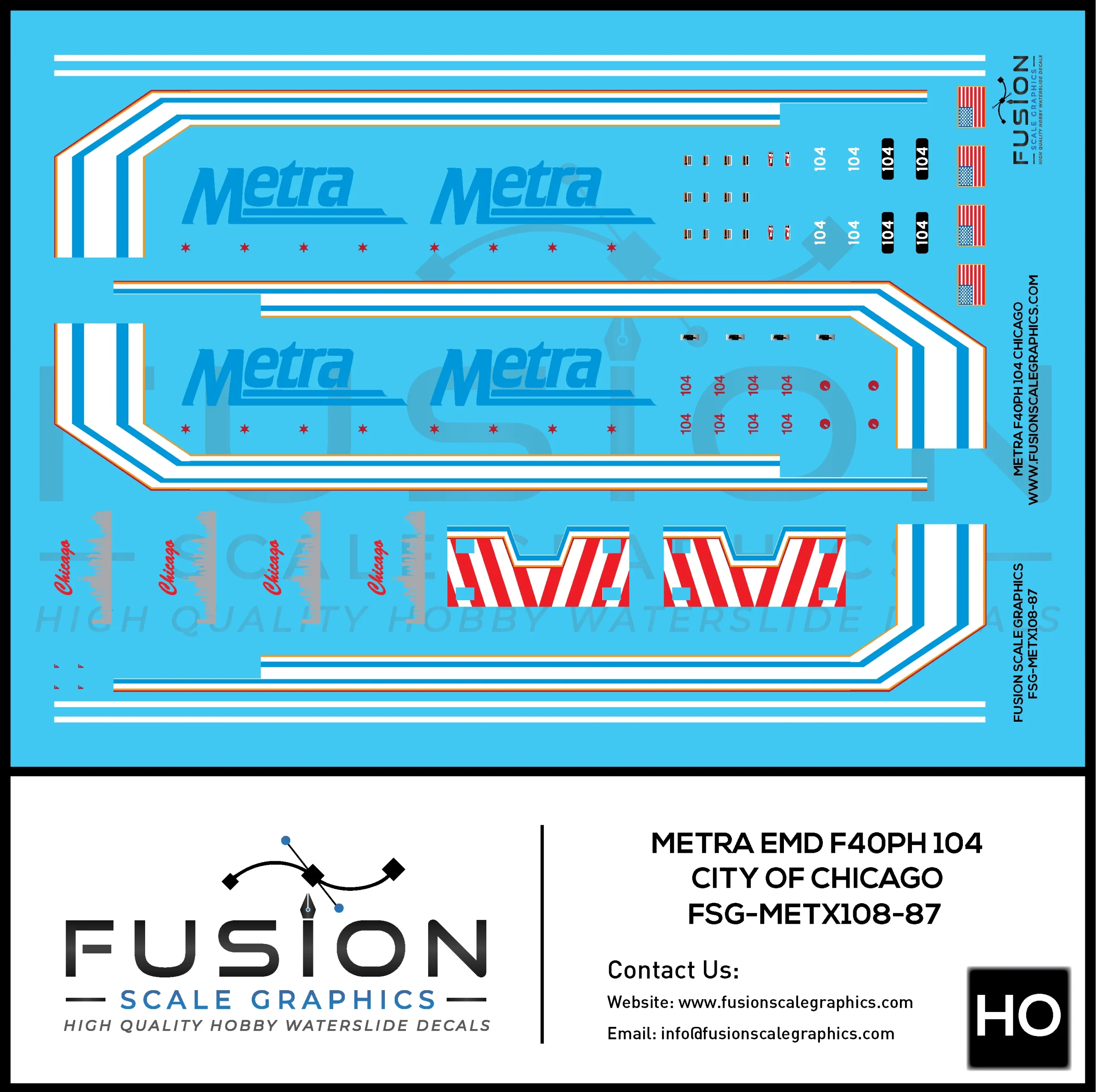 HO Scale Metra 104 City of Chicago EMD F40PH Locomotive Decal Set - Fusion Scale Graphics