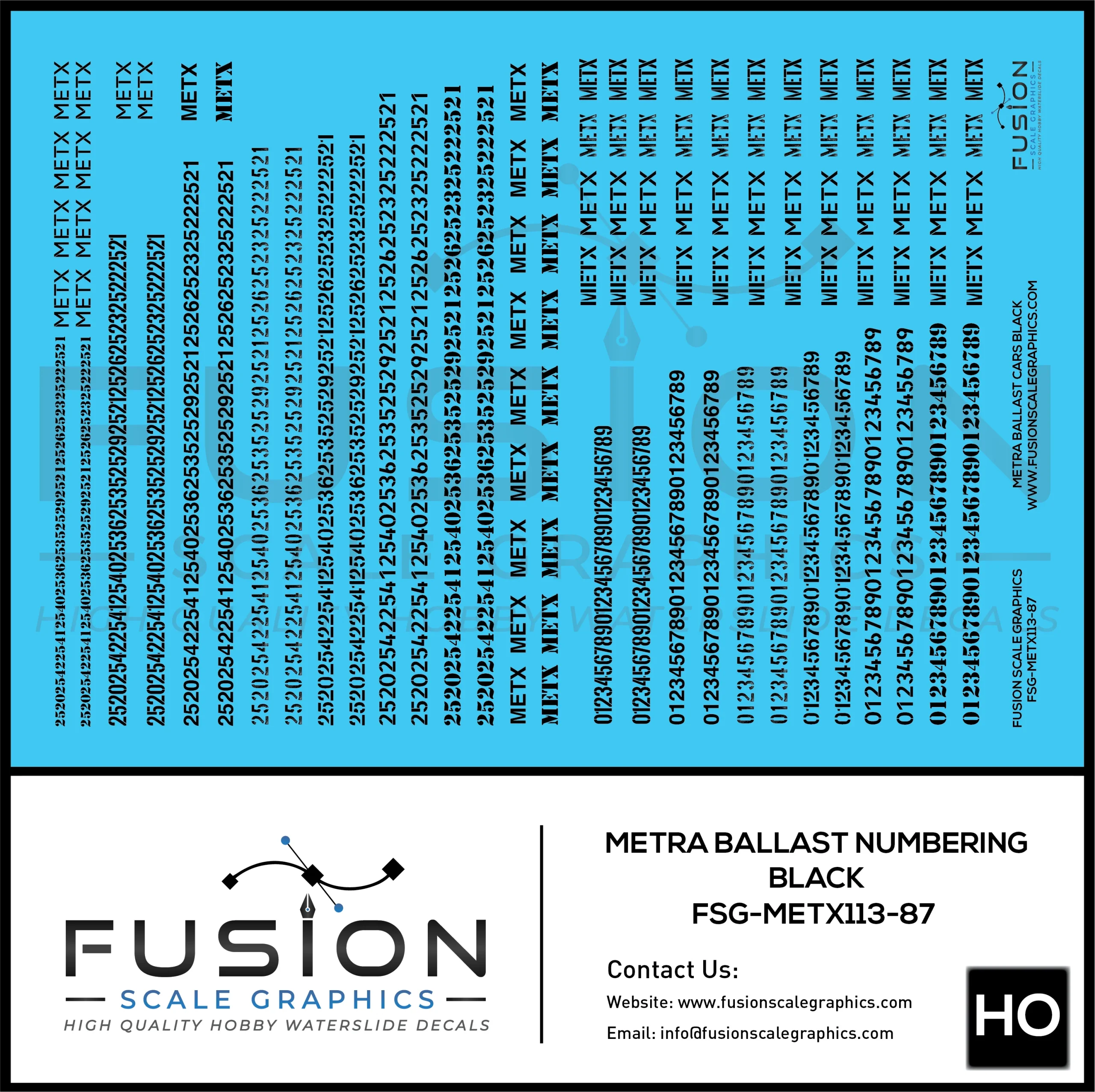 HO Scale Metra Ballast Car Black Numbering Decal Set - Fusion Scale Graphics