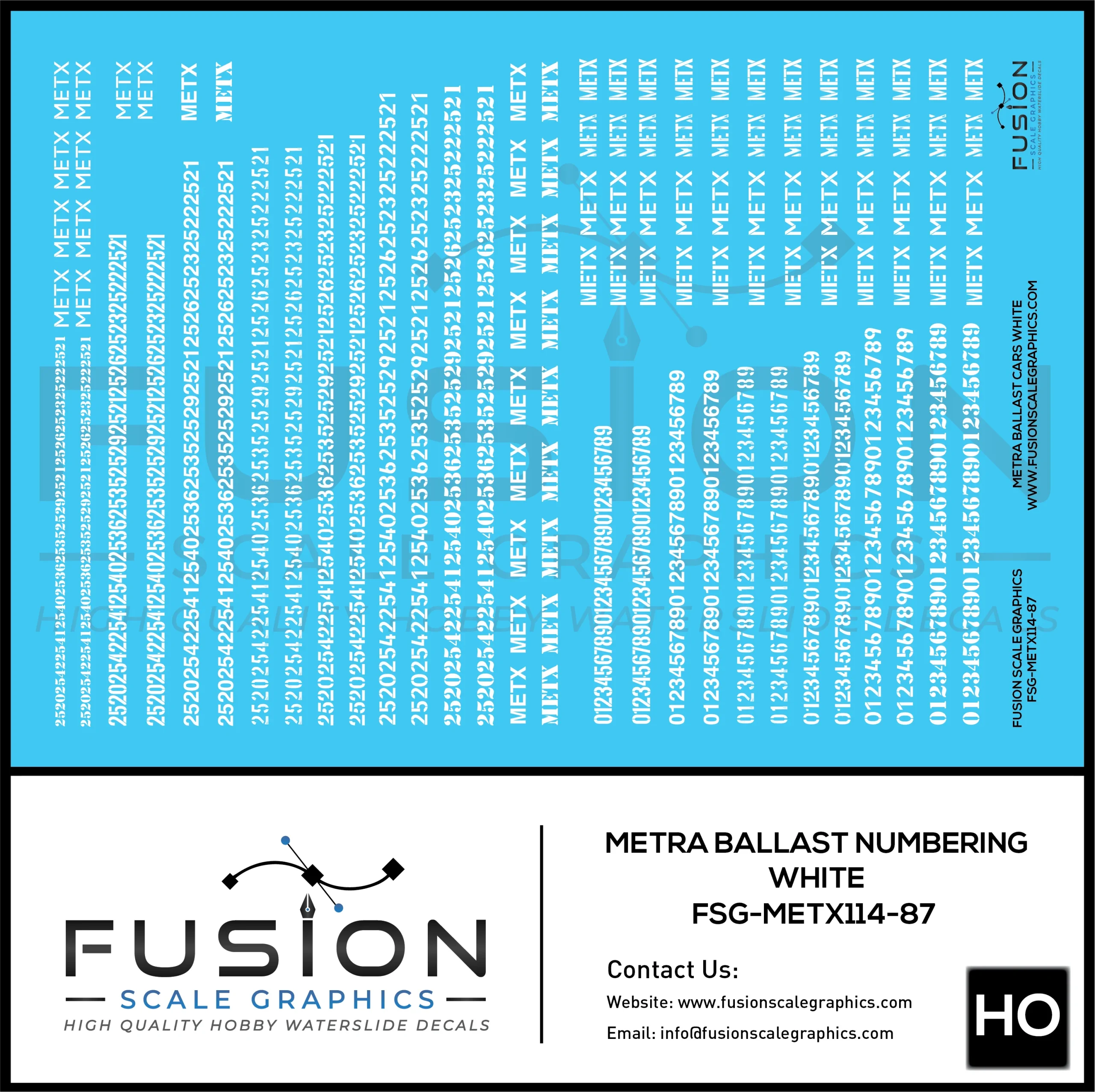 HO Scale Metra Ballast Car White Numbering Decal Set - Fusion Scale Graphics