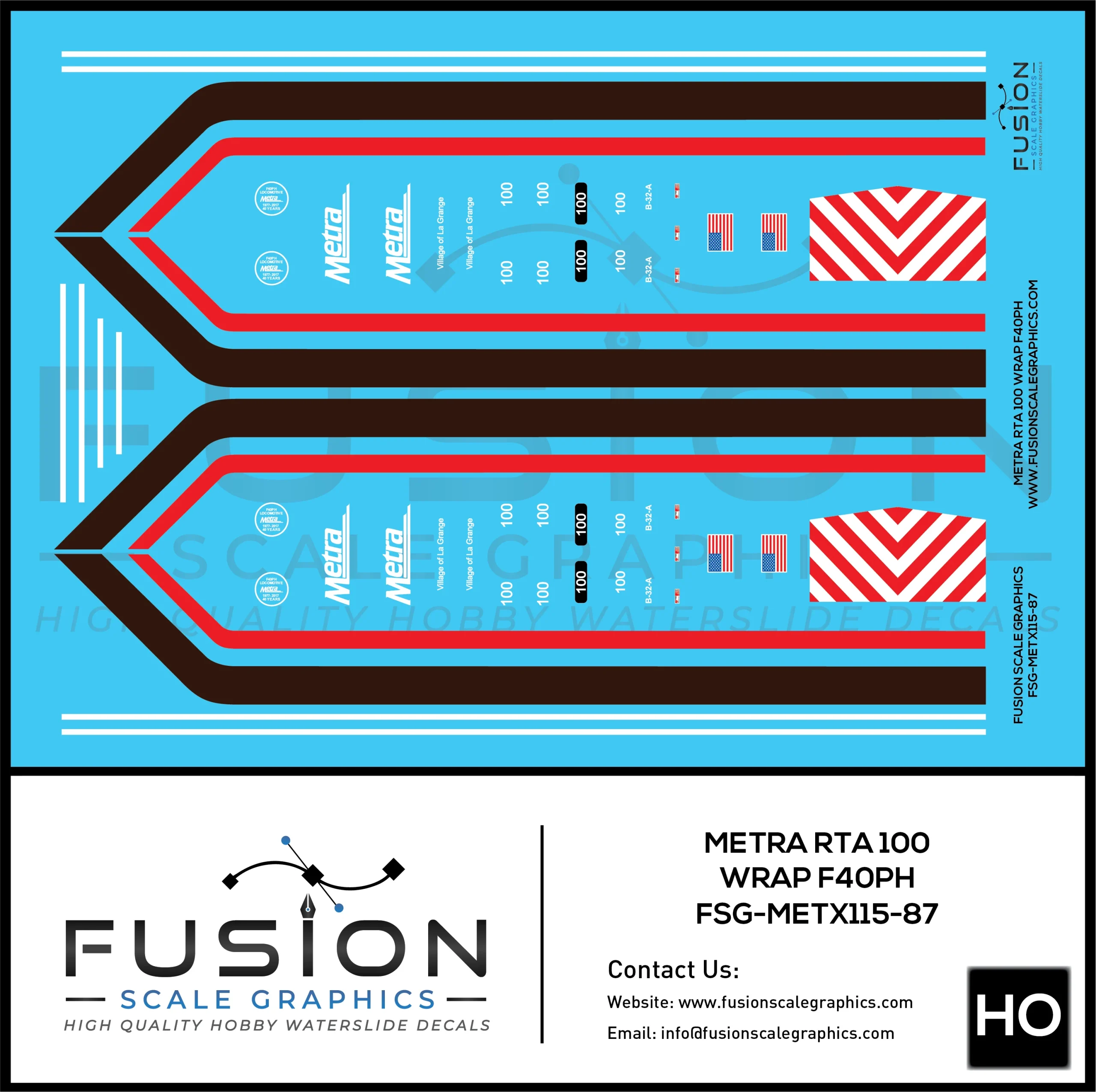 HO Scale Metra 100 RTA Wrap F40PH Decal Set - Fusion Scale Graphics