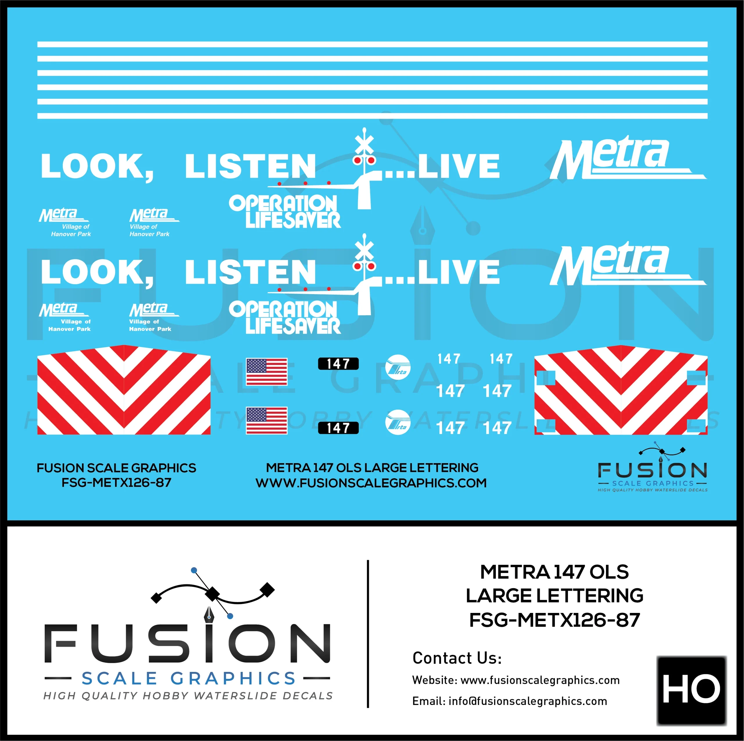 HO Scale Metra F40PH 147 Operation Lifesaver Large Lettering Locomotive Decal Set - Fusion Scale Graphics