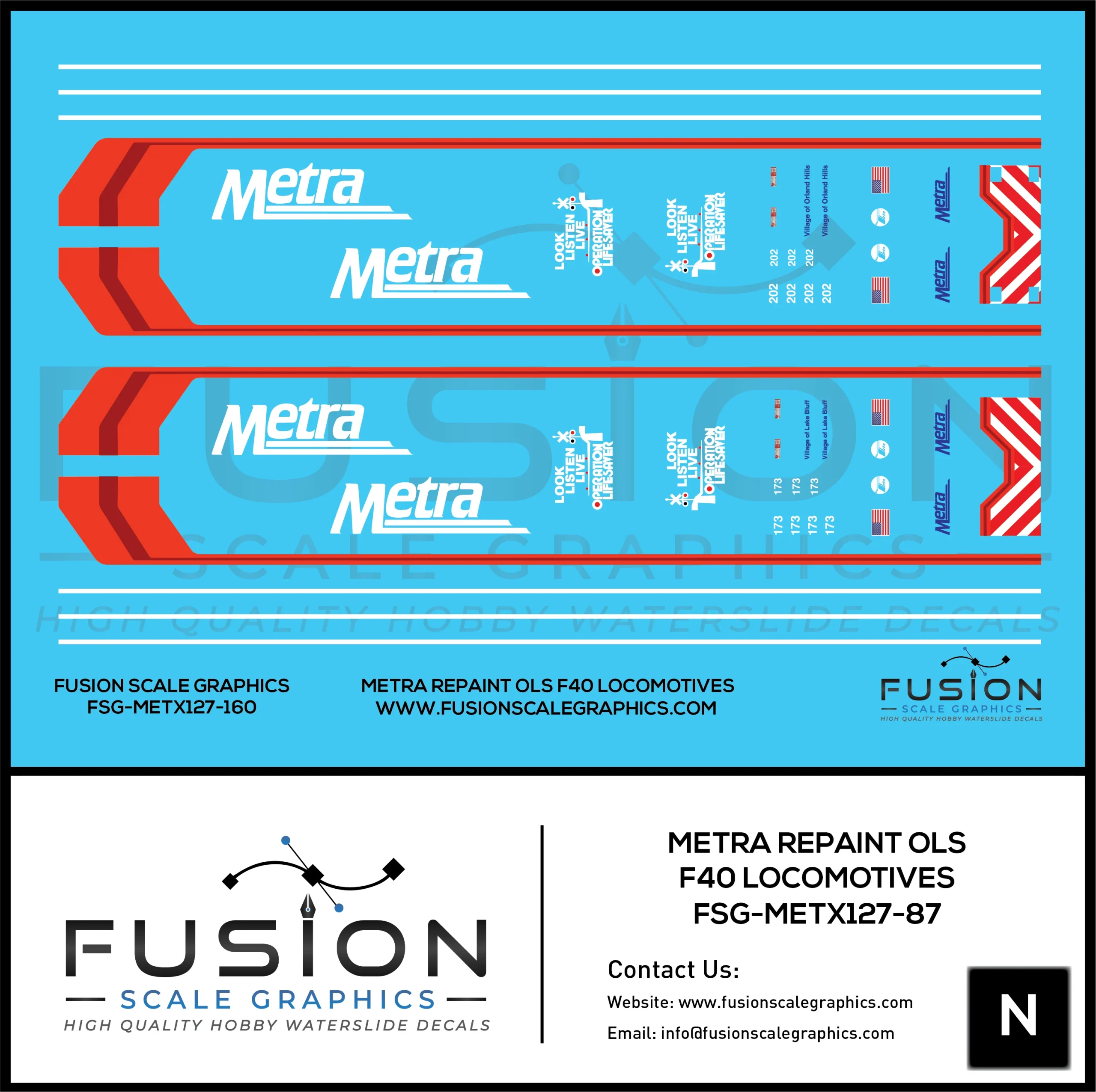 N Scale Metra Repaint Operation Lifesavor F40 Locomotives Decal Set - Fusion Scale Graphics