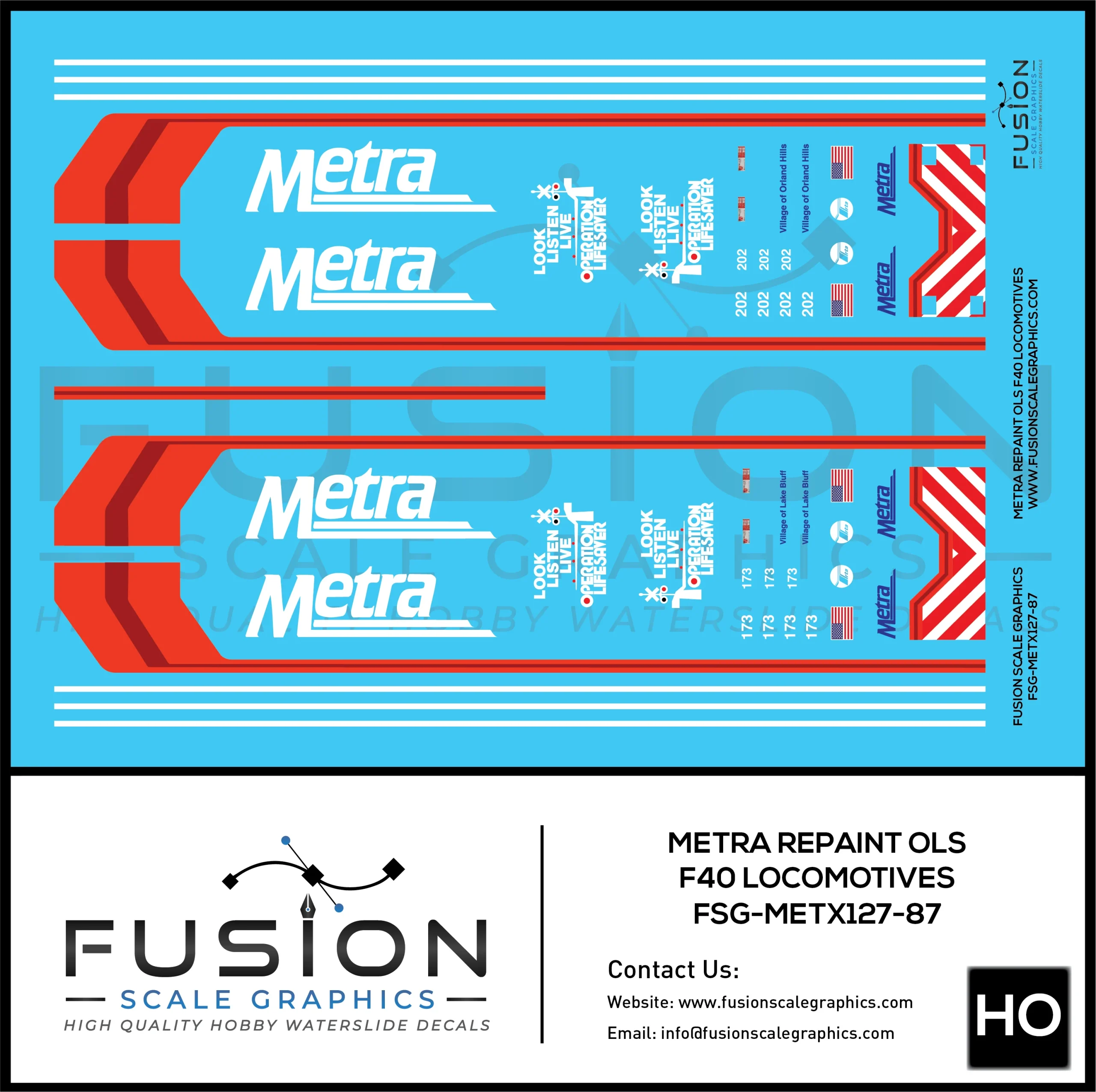 HO Scale Metra Repaint Operation Lifesavor F40 Locomotives Decal Set - Fusion Scale Graphics