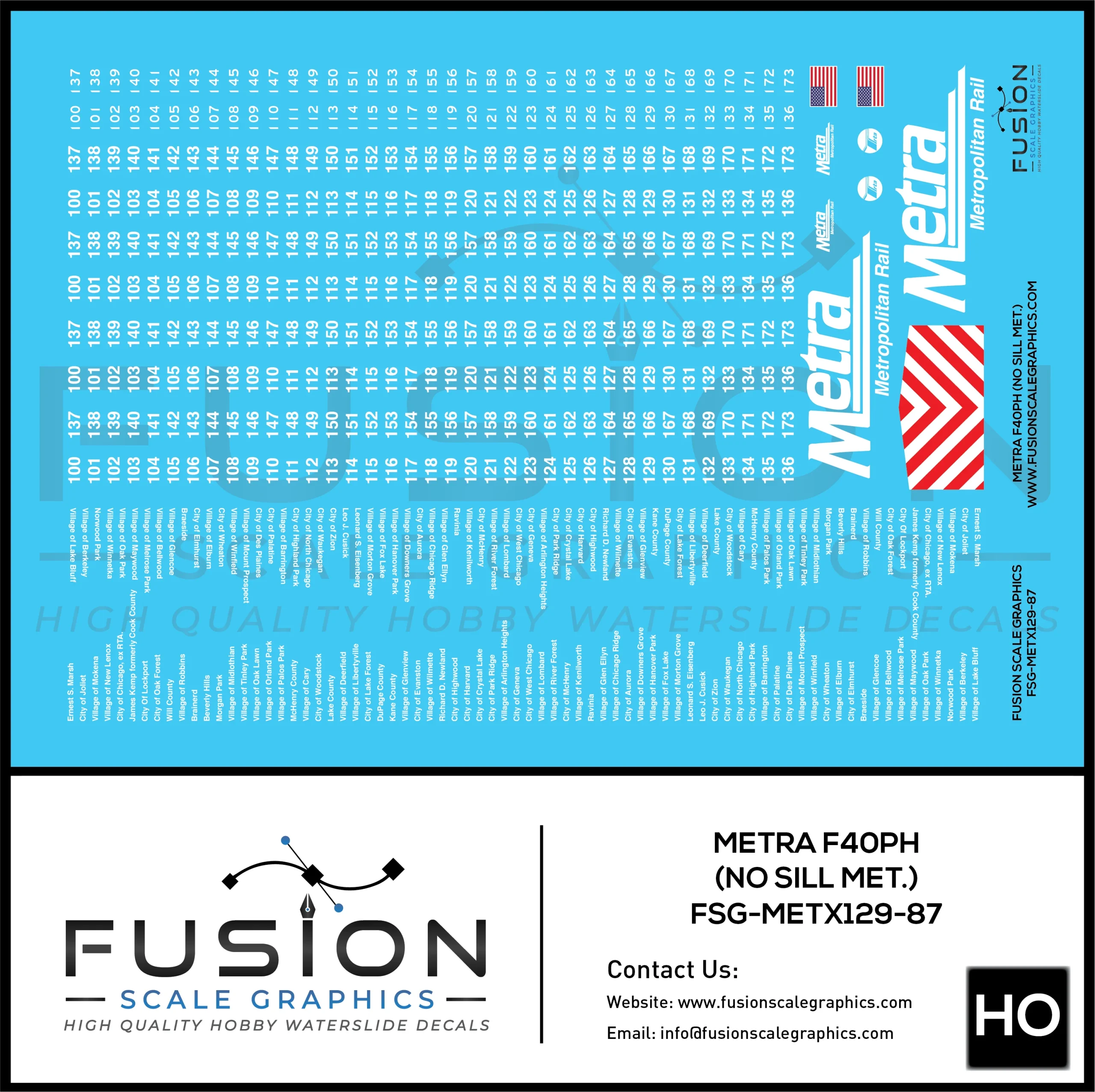HO Scale Metra F40PH Metropolitan Rail Locomotive Decal Set - Fusion Scale Graphics
